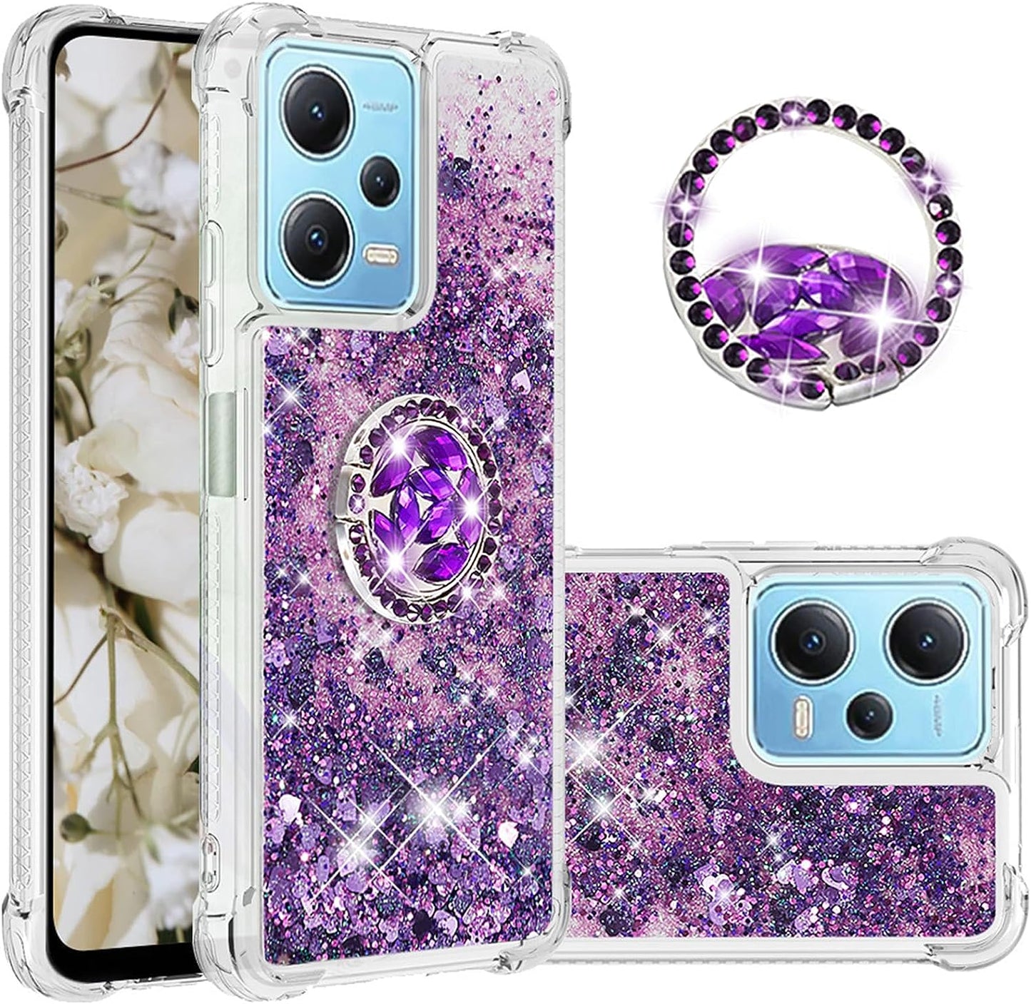 Ephoou for Xiaomi Redmi Note 12 4G Glitter Case for Women Girls, Sparkle Flowing Clear Quicksand Waterfall Soft TPU Liquid Case Cover with Bling Diamond Ring for Xiaomi Redmi Note 12 4G Lsz-Silver Ephoou Purple