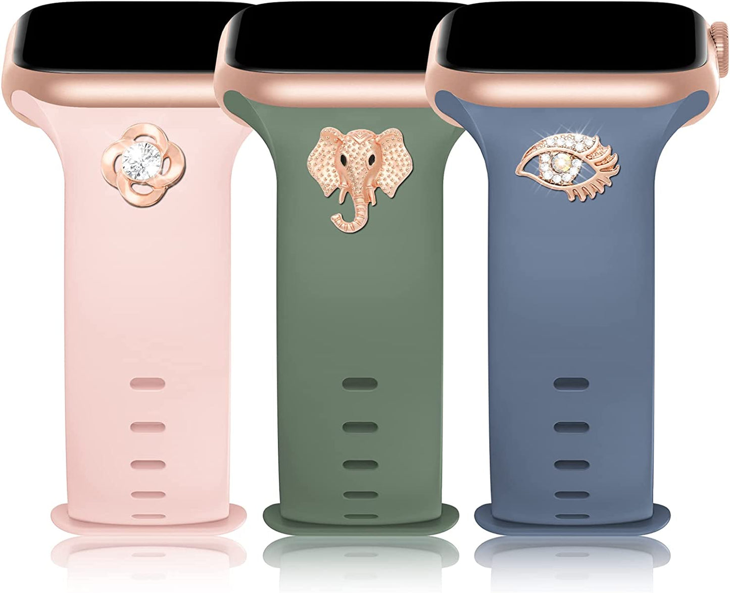 3 Pack Sport Band with DIY Charms Compatible with Apple Watch Bands 41Mm 40Mm 38Mm, Designer Soft Silicone Wristbands Replacement Strap for Iwatch Series SE 8 7 6 5 4 3 2 1 Utral for Women Men Plesechde Alaskan Blue/Olive Green/Sand Pink 38mm/40mm/41mm
