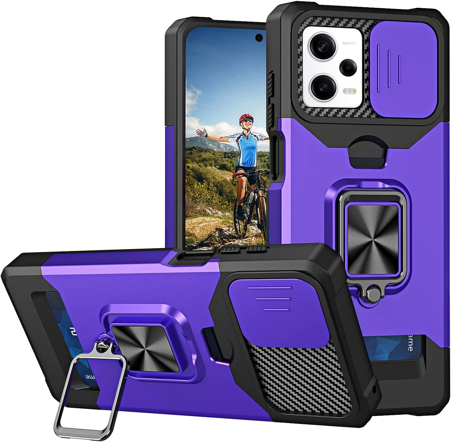 Ysnzaq for Xiaomi Redmi Note 12 Pro Case with Card Holder and Sliding Camera, Military Grade Shockproof Protective Phone Cover for Xiaomi Redmi Note 12 Pro/Poco X5 Pro YHZH Black Ysnzaq Purple