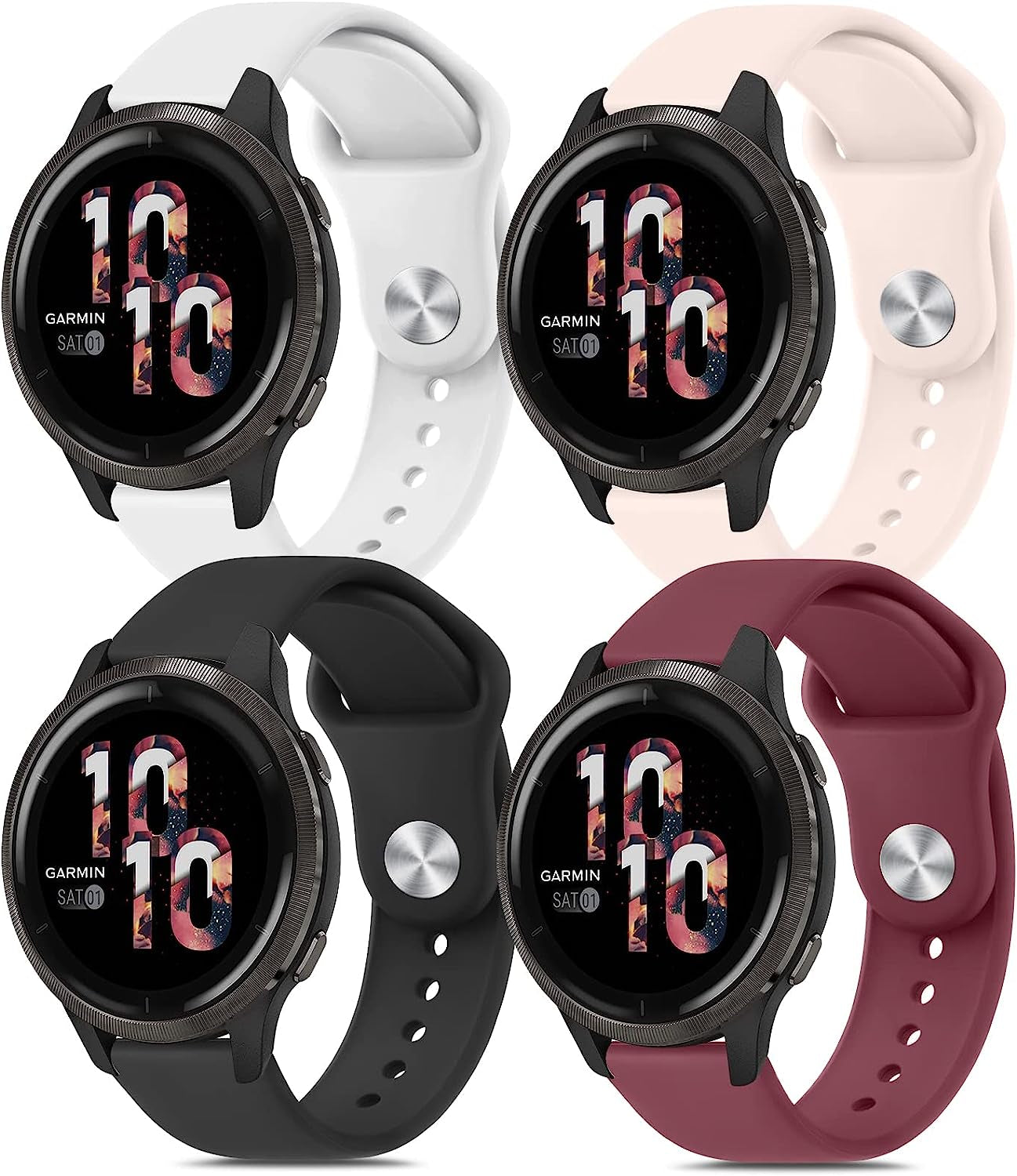 Wanme Sport Bands for Garmin Venu 2 Band, Garmin Vivoactive 4 Bands Women Men, 4 Pack Adjustable Soft Silicone Replacement Wristband Strap Compatible with Garmin Vivoactive 4 / Venu 2 / Forerunner 255 Smart Watch Wanme Black+WineRed+White+PinkSand