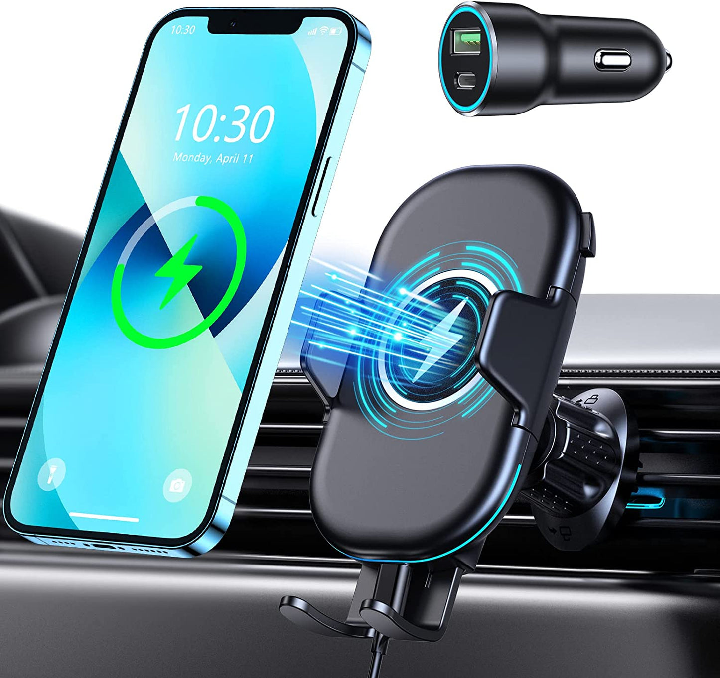 Wireless Car Charger, OBRFFE 15W Qi Car Phone Holder Mount Wireless Charging with QC3.0 Adapter, Fast Charging Phone Mount for Car Compatible with Iphone 14 13 12 11 Pro Max, Samsung Galaxy S23/S22 OBRFFE Vent Clip