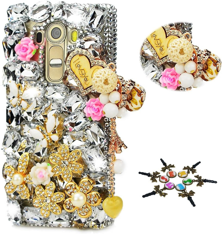 STENES LG G7 Thinq Case - STYLISH - 100+ Bling - 3D Handmade Heart Pendant Dance Butterfly Flowers Design Protective Case for LG G7/LG G7 Thinq - Pink STENES Heart Pendant Butterfly Rose Flowers / Whitegold