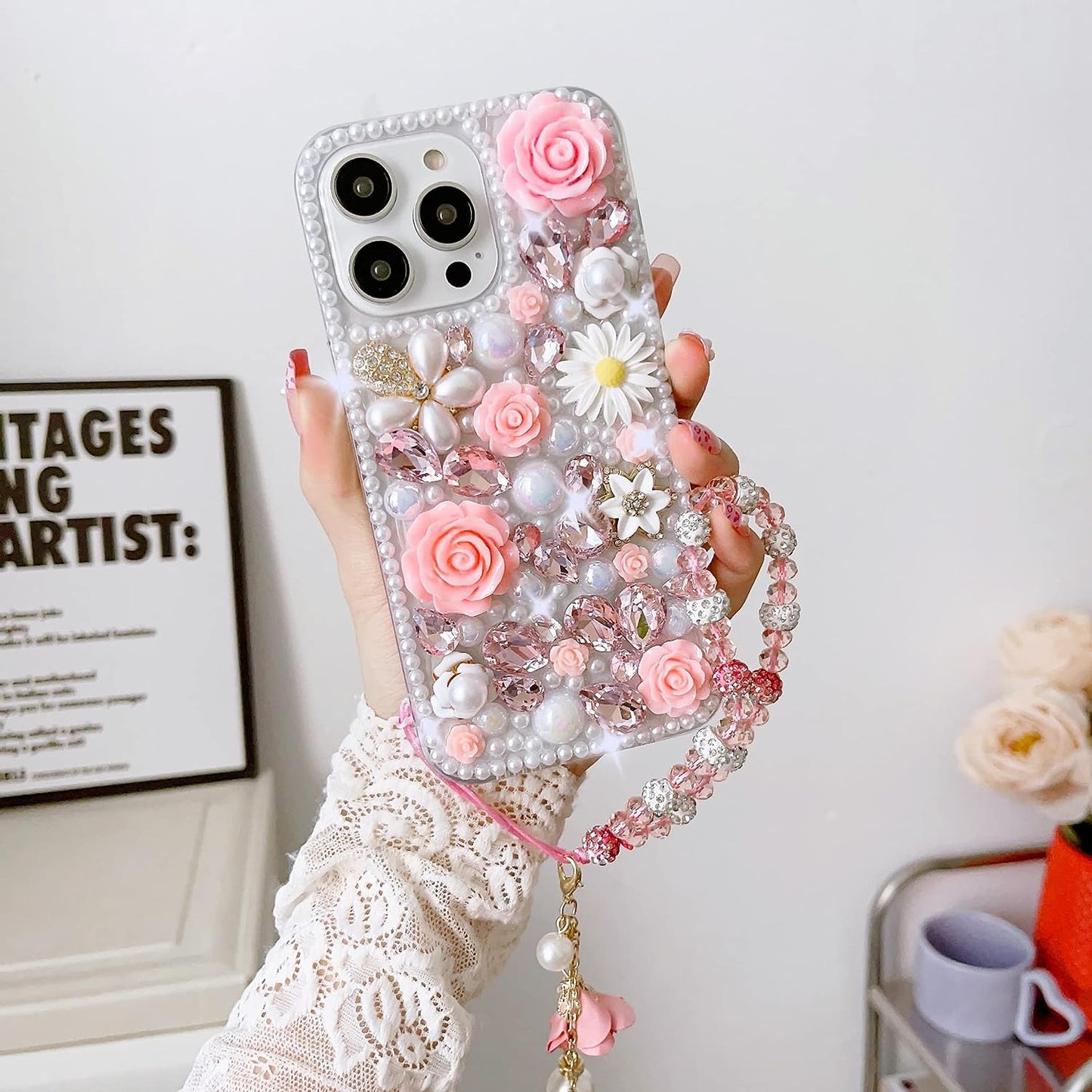 Threesee for Galaxy Note 20 Ultra Bling Case,Luxury Crystal Rhinestone Flowers Glitter Diamond Pearl Women Girls Kids Case Cover with Lanyard for Samsung Galaxy Note 20 Ultra Threesee For Samsung Galaxy S23 Ultra