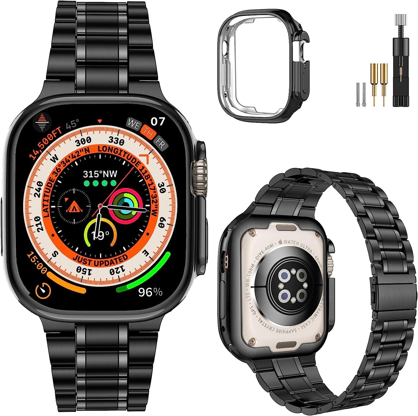 Miohhr Solid Stainless Steel Band Compatible with Apple Watch 49Mm 45Mm 44Mm 42Mm 41Mm 40Mm 38Mm, Metal Strap for Iwatch Series Ultra 8 7 6 5 4 3 2 1 SE Women and Men MioHHR Black (Ultra) 49 mm (Ultra)