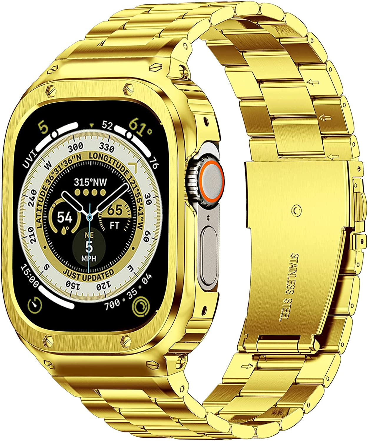 Miohhr Stainless Steel Band and Case Compatible Apple Watch Bands 49Mm, Men Metal Strap and Protective Bumper Cover for Iwatch Ultra (Black,49Mm) MioHHR Gold(Ultra) 49mm(Ultra)