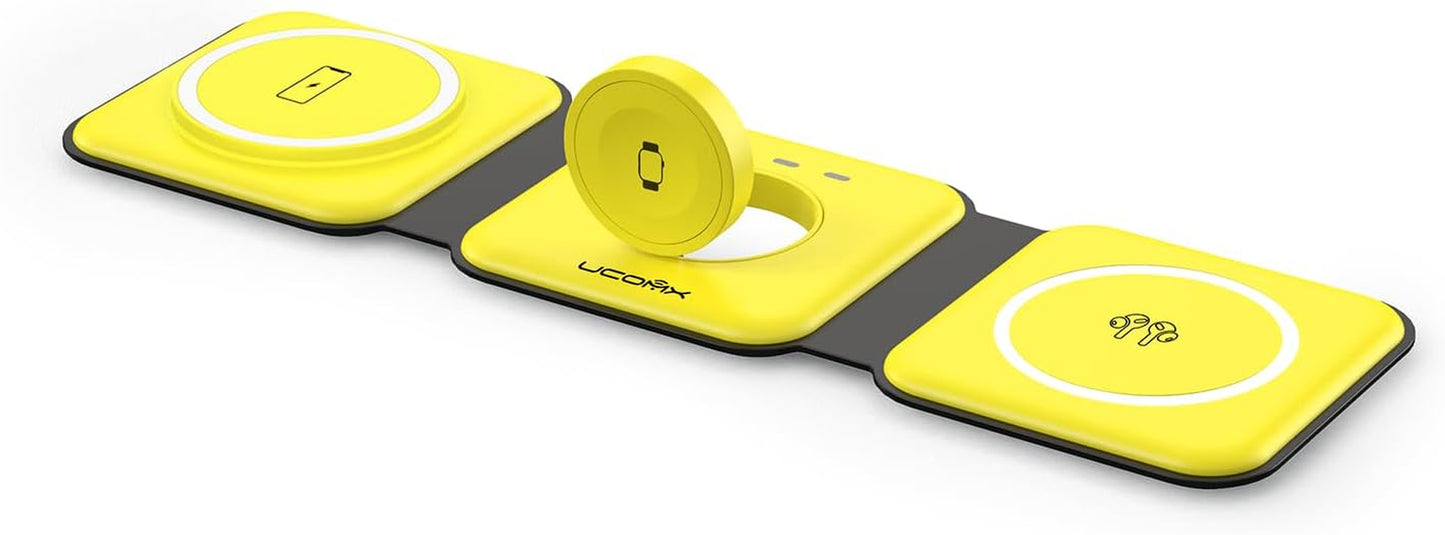 UCOMX Nano 3 in 1 Wireless Charger for Iphone,Magnetic Foldable 3 in 1 Charging Station,Travel Charger for Multple Devices for Iphone 14/13/12 Series,Airpods 3/2/Pro,Iwatch(Adapter Included) Lilimlss LLC Yellow
