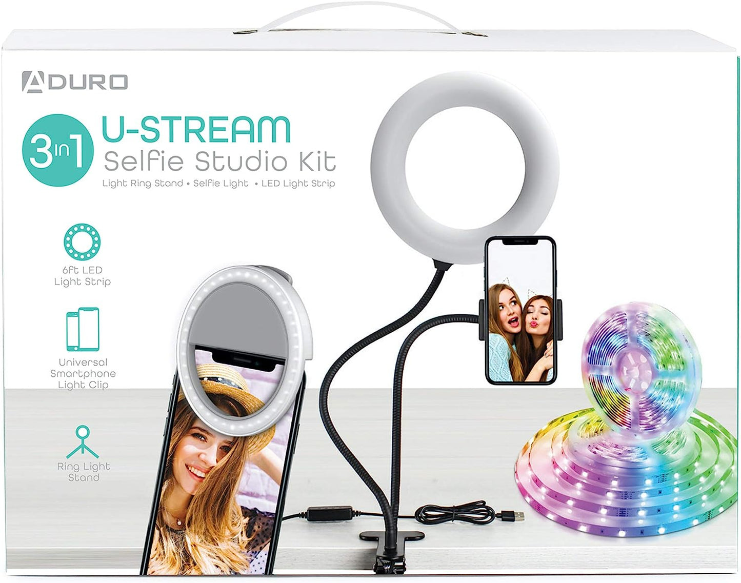 Aduro U-Stream 3-In-1 Ring Light Studio Kit Bundle, Set Includes LED Ring Light with Stand, Clip on Phone Selfie Ring Light & 6Ft LED Strip Lights Aduro