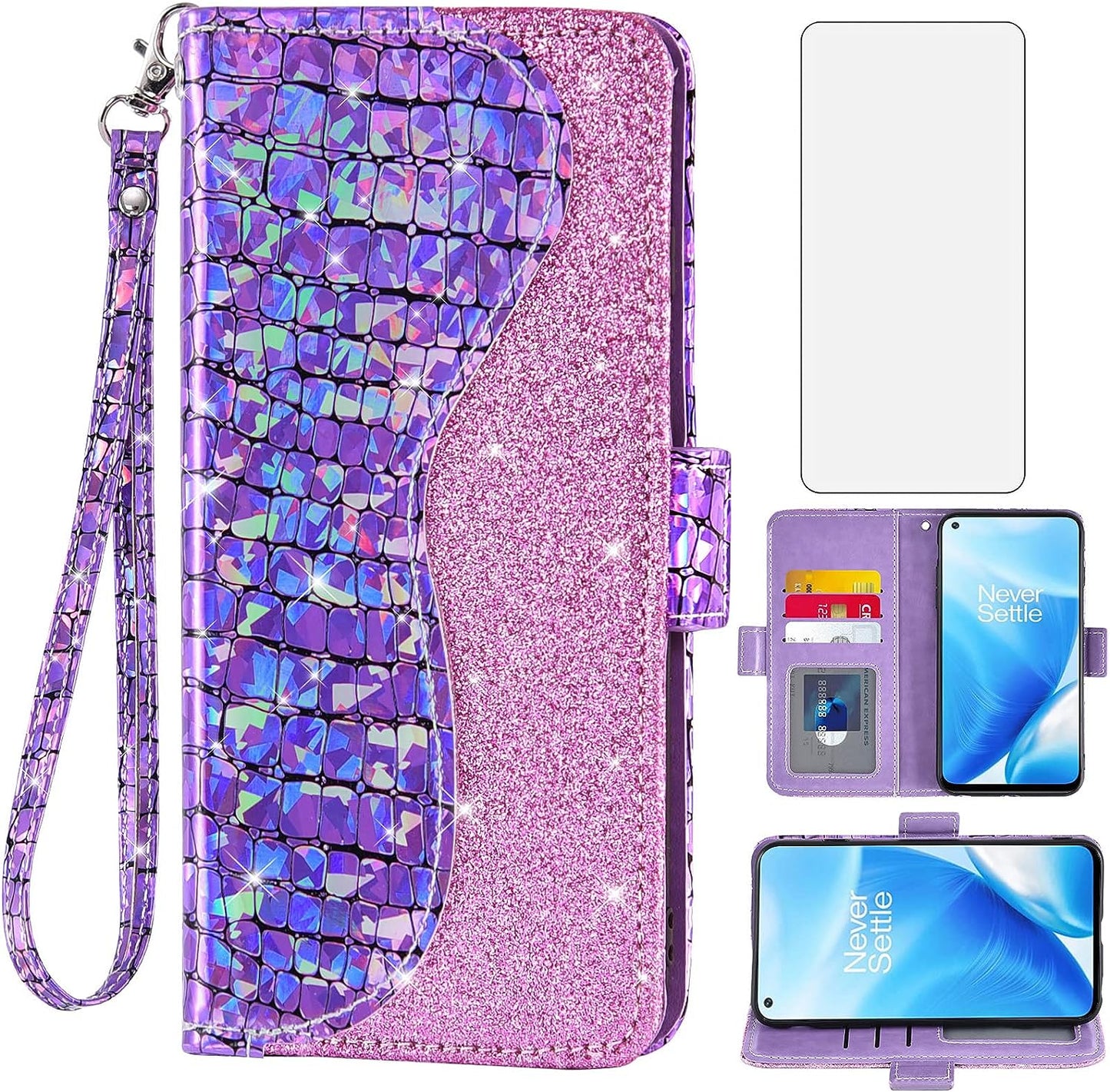 Asuwish Phone Case for Oneplus Nord N200 5G Wallet Cover with Screen Protector and Flip Card Holder Bling Glitter Stand Cell One plus N 200 G5 1 plus 200N 1Plus One+ 1+ N2005G 2021 Women Girls Black Asuwish Purple For Oneplus Nord N200 5G
