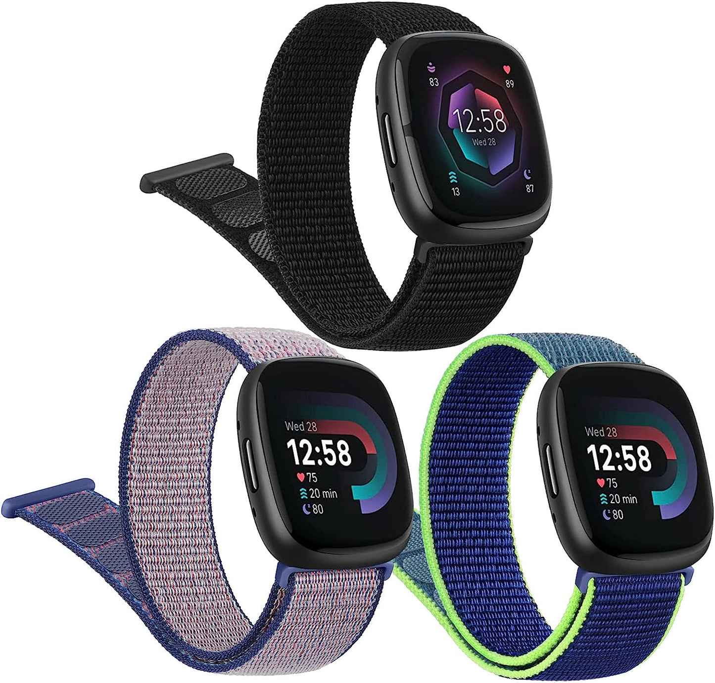 3 Pack Nylon Bands for Fitbit Sense 2/Sense/Versa 4/Versa 3 Bands for Women Men, Soft Breathable Adjustable Replacement Strap Wristbands for Fitbit Sense & Sense 2/Versa 3 & 4 (Black/Cape Code Blue/Seashell) Vancle Black/Midnight Blue/Neon Lime