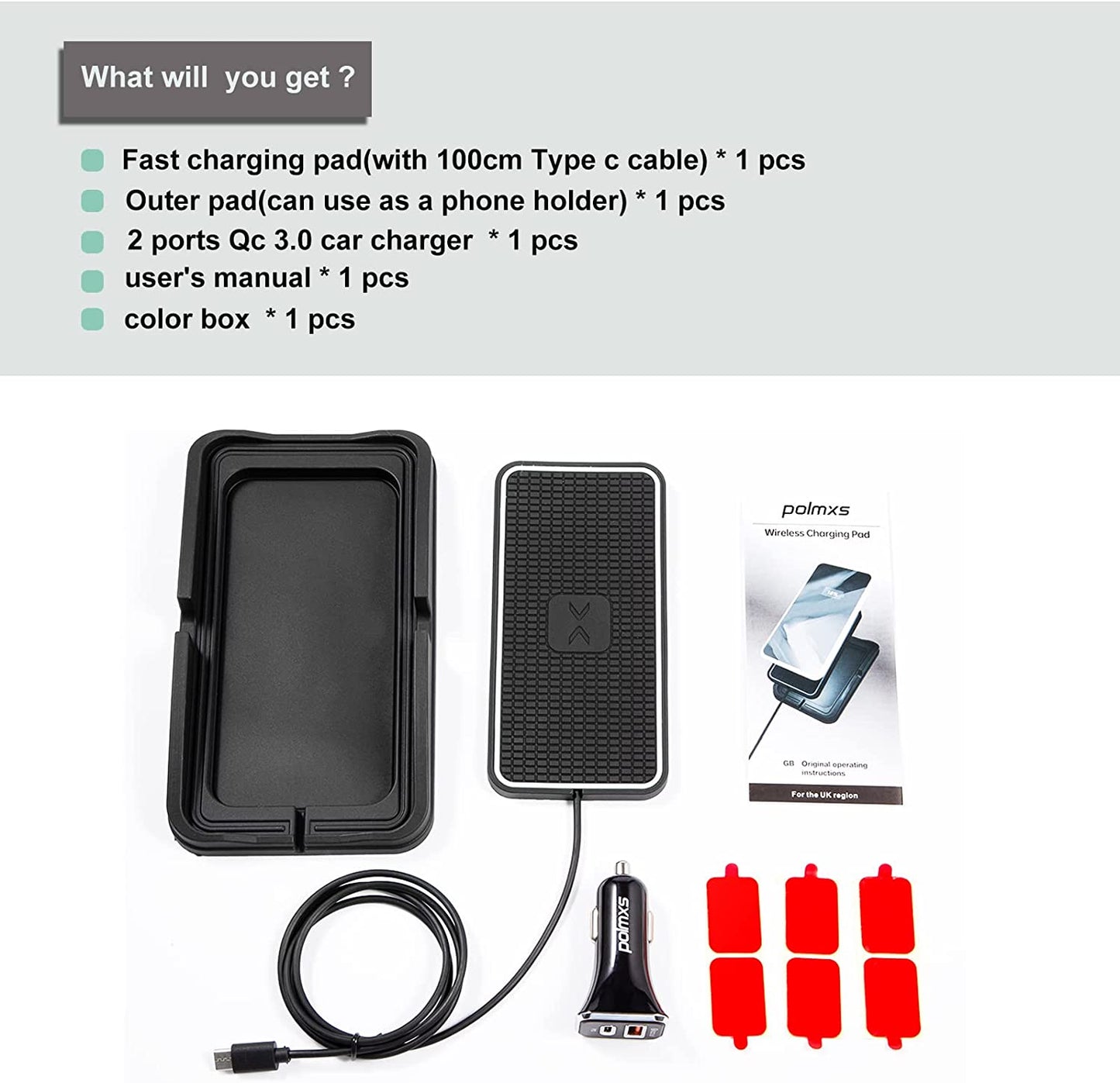 Wireless Charger, POLMXS Wireless Car Charger Charging Pad 15W Wireless Phone Charger for Car Android Fast Charger Pad Cordless Charging Mat for Vehicle Galaxy S22/S21/S20 NOTE10(XP01) POLMXS