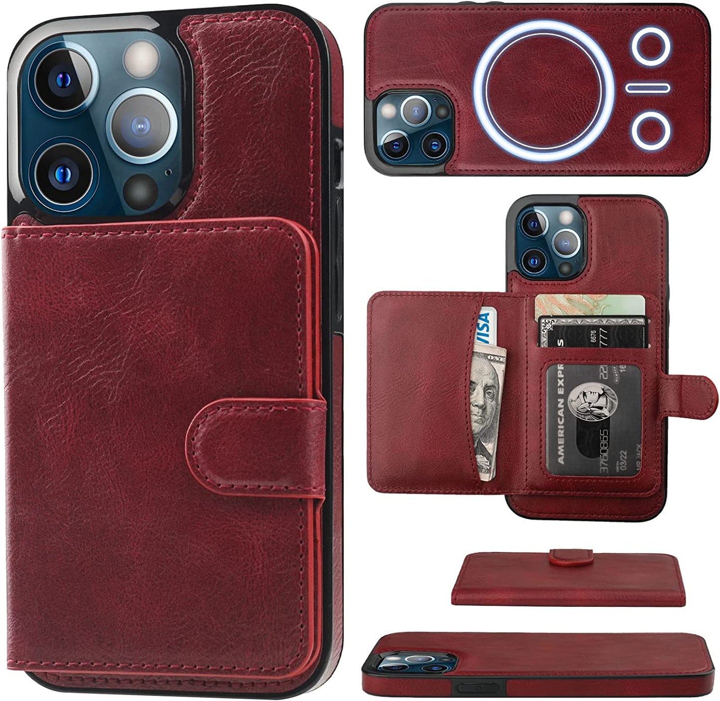 Bocasal Wallet Case for Iphone 13 Pro Compatible with Magsafe Magnetic RFID Blocking Detachable Premium PU Leather Flip Case with Card Slots Holder Kickstand Wireless Charging 6.1 Inch (Brown) Bocasal Wine Red