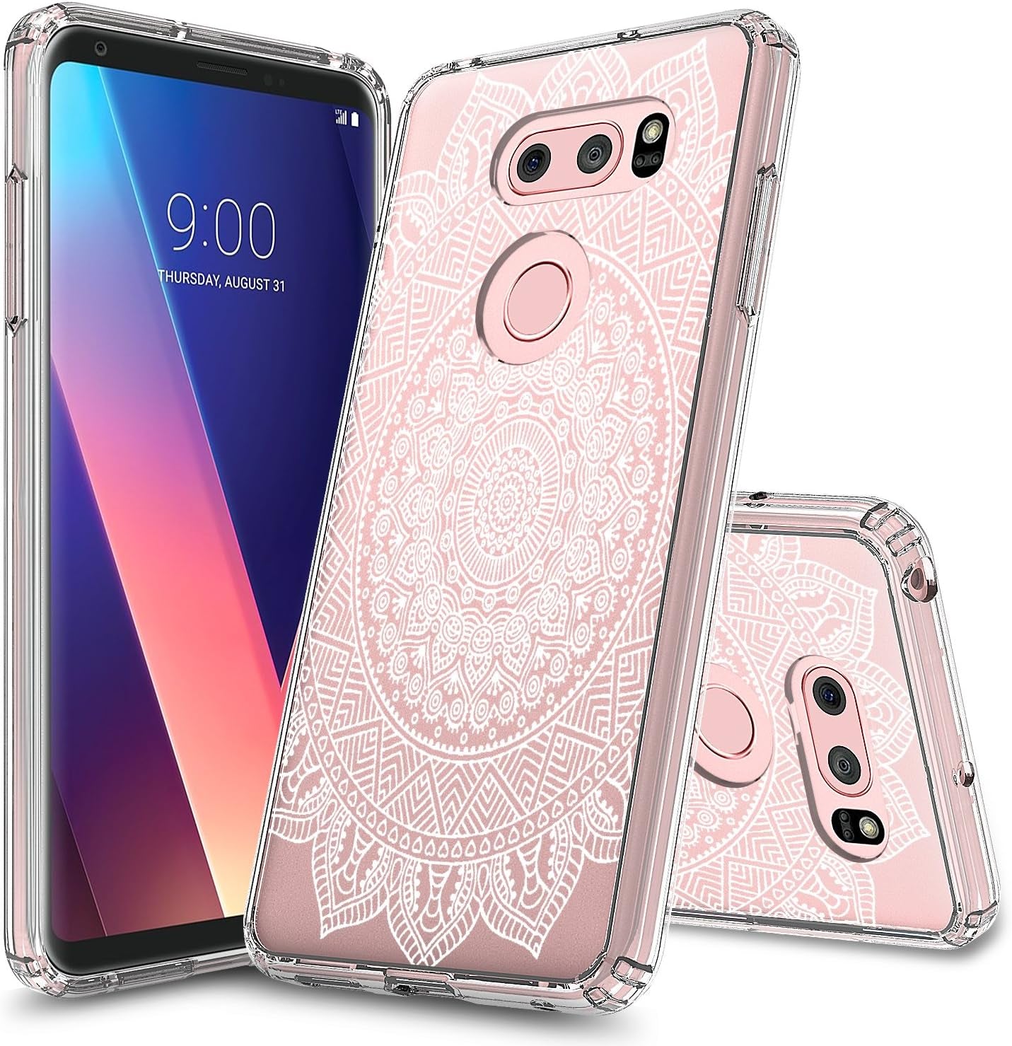 Rosebono for LG V30 Case, Slim Shockproof Hard PC+TPU Bumper Protective Armor Defender Cover for LG V30 (Pink Bumper) Rosebono Mandala Mehndi