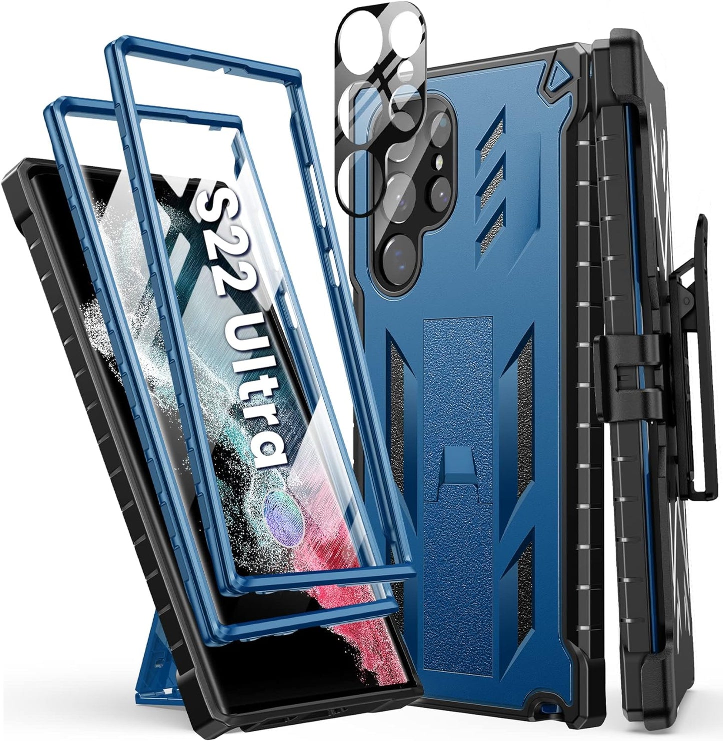 FNTCASE for Samsung Galaxy S22 Ultra Case: Built-In Screen Protector & Kickstand & Belt-Clip Holster, Extra Front Frame Full-Body Dual Layer Rugged Heavy Duty Shockproof Protective Phone Cover-Orange FNTCASE Blue