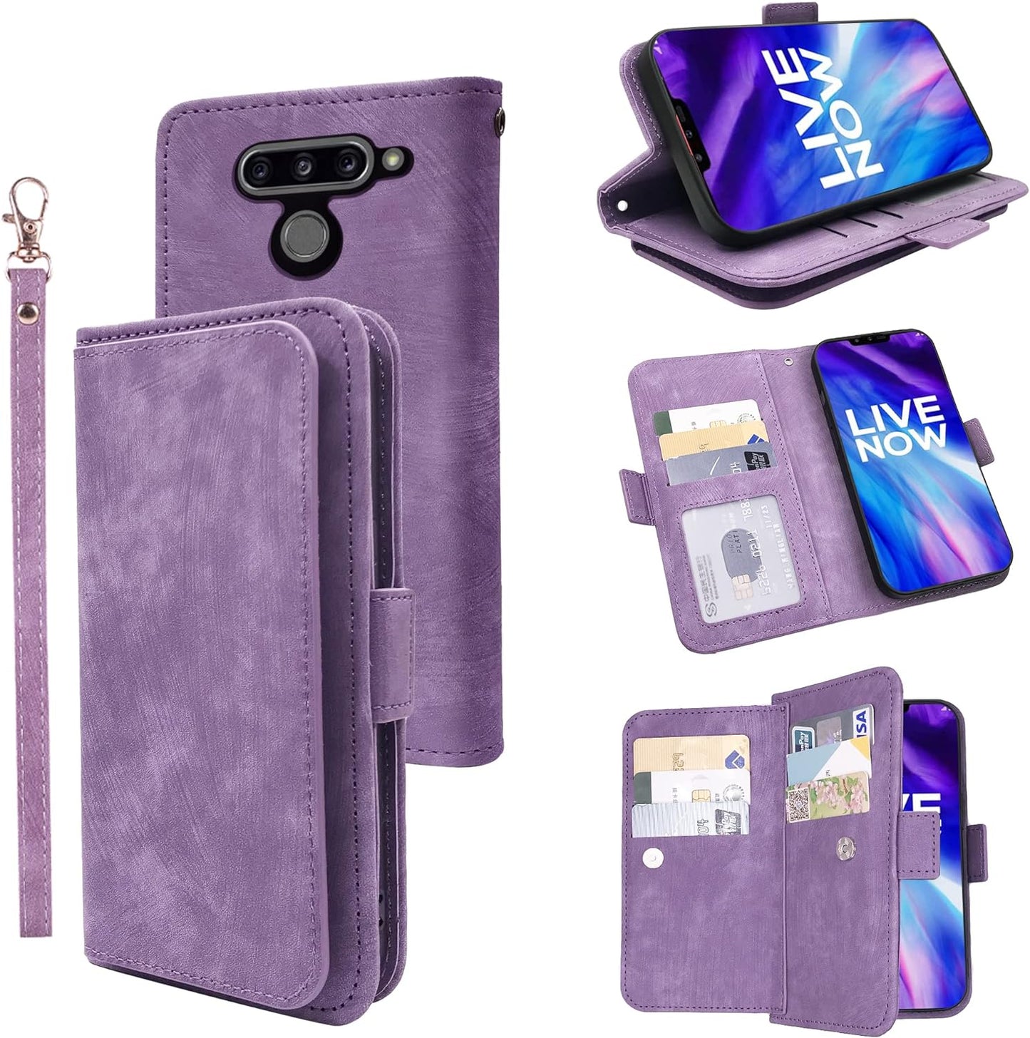 Furiet Compatible with LG V40 Thinq Wallet Case Wrist Strap Lanyard Leather Flip Card Holder Stand Cell Accessories Phone Cover for LGV40 Storm V 40 Thin Q V40Thinq LG40 40V 40Thinq Women Green Furiet Purple