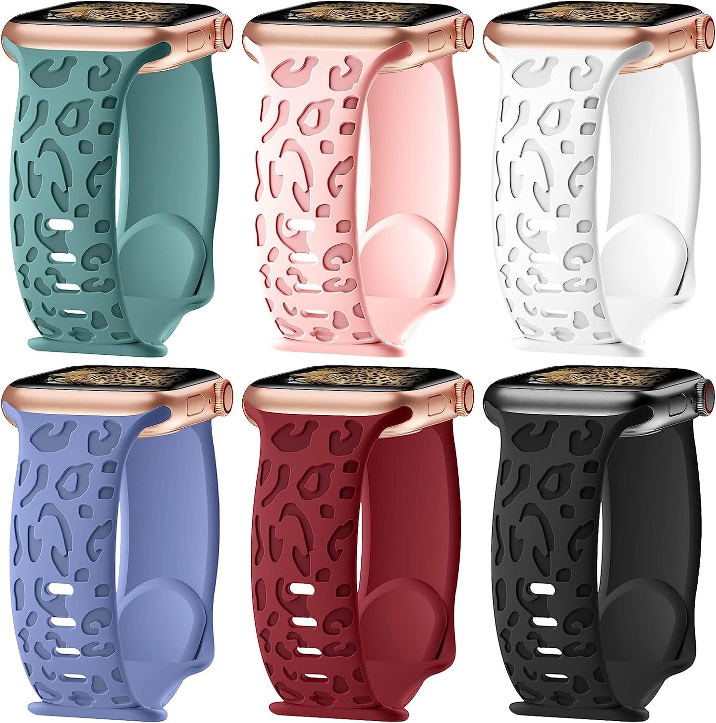 6 Pack Leopard Engraved Bands Compatible with Apple Watch Band 40Mm 44Mm 38Mm 45Mm 49Mm 42Mm Women Men,Waterproof Cheetah Sport Silicone Strap Wristbands for Iwatch SE Ultra Series 8 7 6 5 4 3 2 1 HEARTBOOM C-Black/Dark Pink/Cactus/White/Lavender Grey/Wine Red 42mm/44mm/45mm/Ultra 49mm