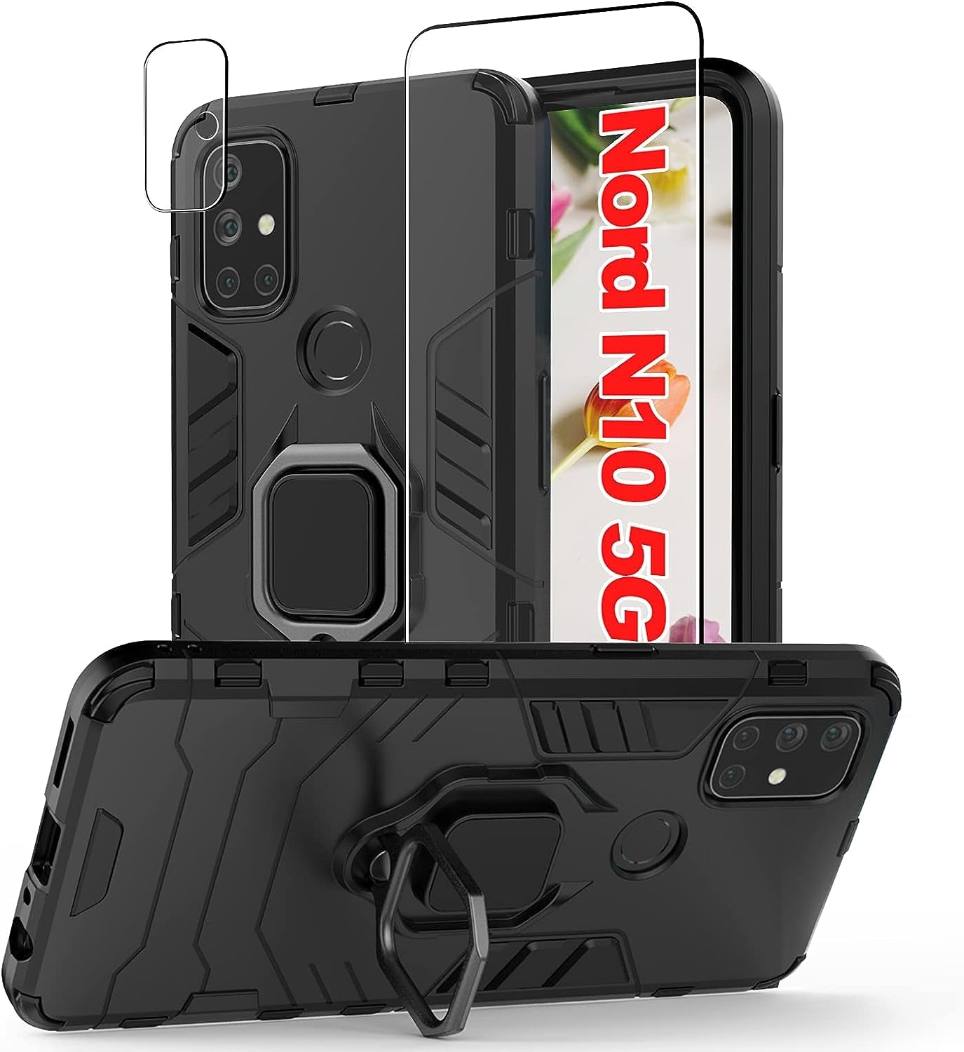 Jusy Oneplus Nord N30 5G Case with 2 Screen Protector, Protective Phone Cover with Kickstand, Ring and Magnetic Plate, Tempered Glass Protectors for 1+ Nord N30 5G(Black) Jusy Black-N10