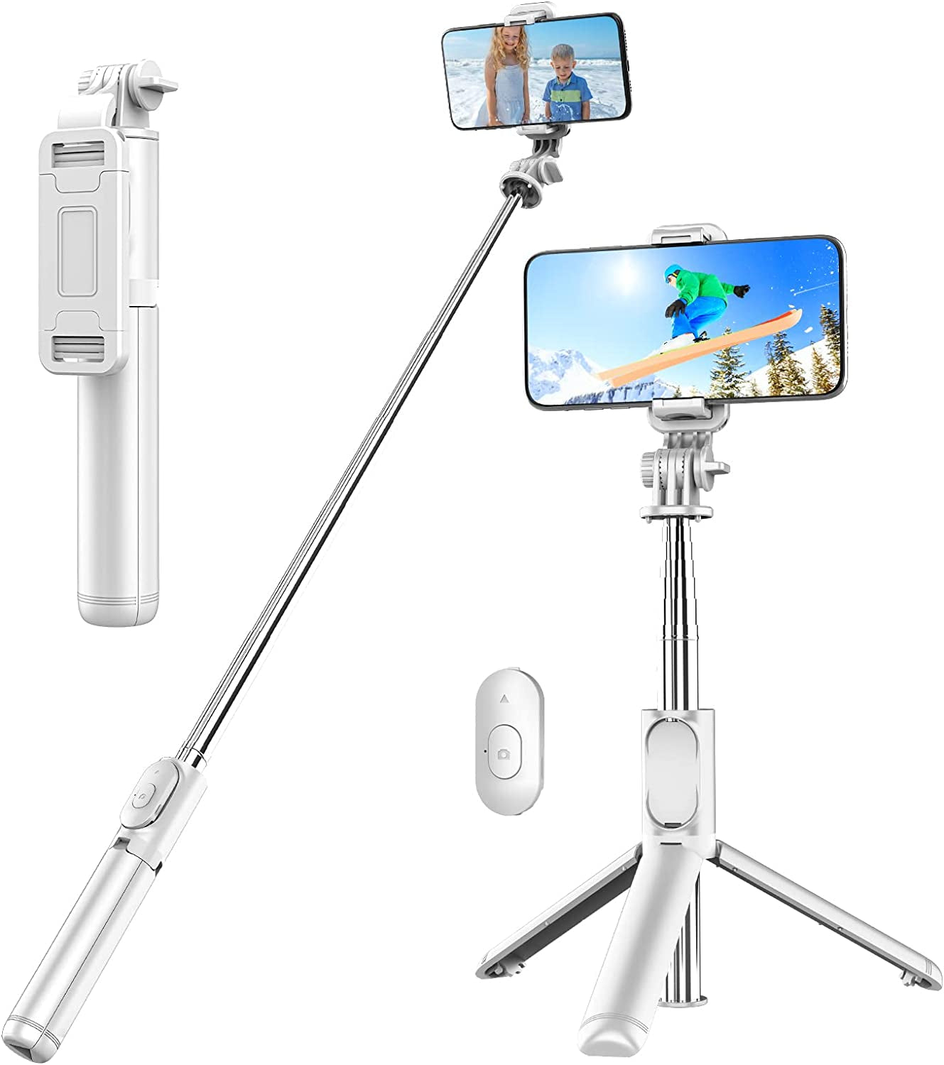 Selfie Stick Tripod with Detachable Wireless Remote, 4 in 1 Extendable Portable Selfie Stick & Phone Tripod Stand Compatible with Gopro, Iphone/Samsung/Huawei, Etc. kzomKzoo White