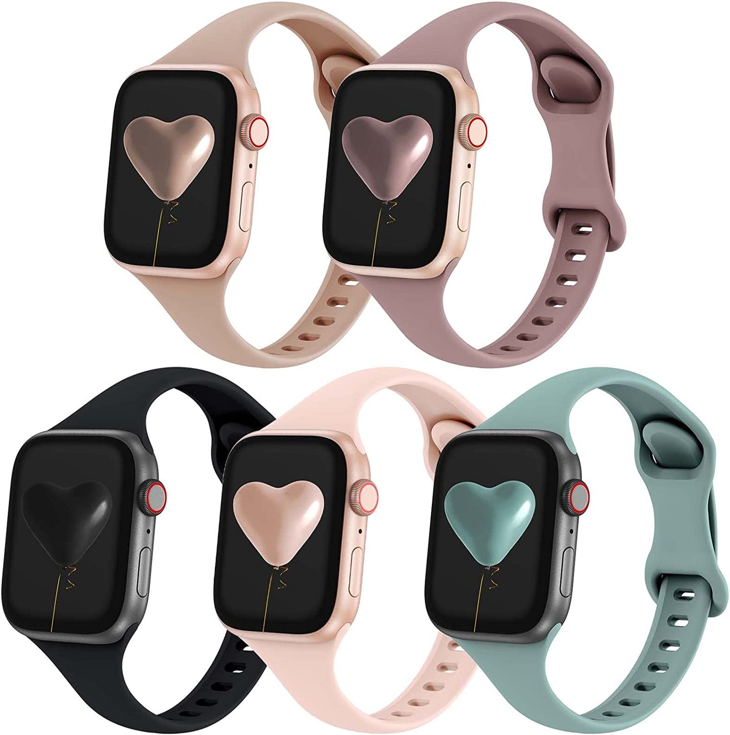 Qrose 5 Pack Bands Compatible with Apple Watch 38Mm 40Mm 41Mm 42Mm 44Mm 45Mm 49Mm, Slim Thin Narrow Replacement Silicone Sport Strap Wristbands for Iwatch Series Ultra 8/7/6/5/4/3/2/1 SE Women Men QRose Milk Tea/Smoke Violet/Black/Pink Sand/Cactus 38mm/40mm/41mm