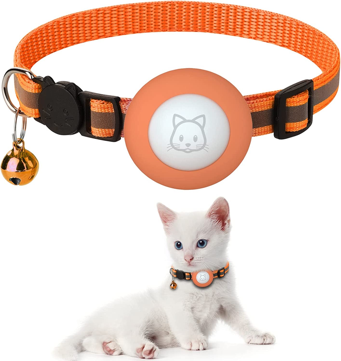 Airtag Cat Collar with Breakaway Bell, Reflective Paw Pattern Strap with Air Tag Case for Cat Kitten and Extra Small Dog (Pink Reflective Paw) Kuaguozhe US Orange