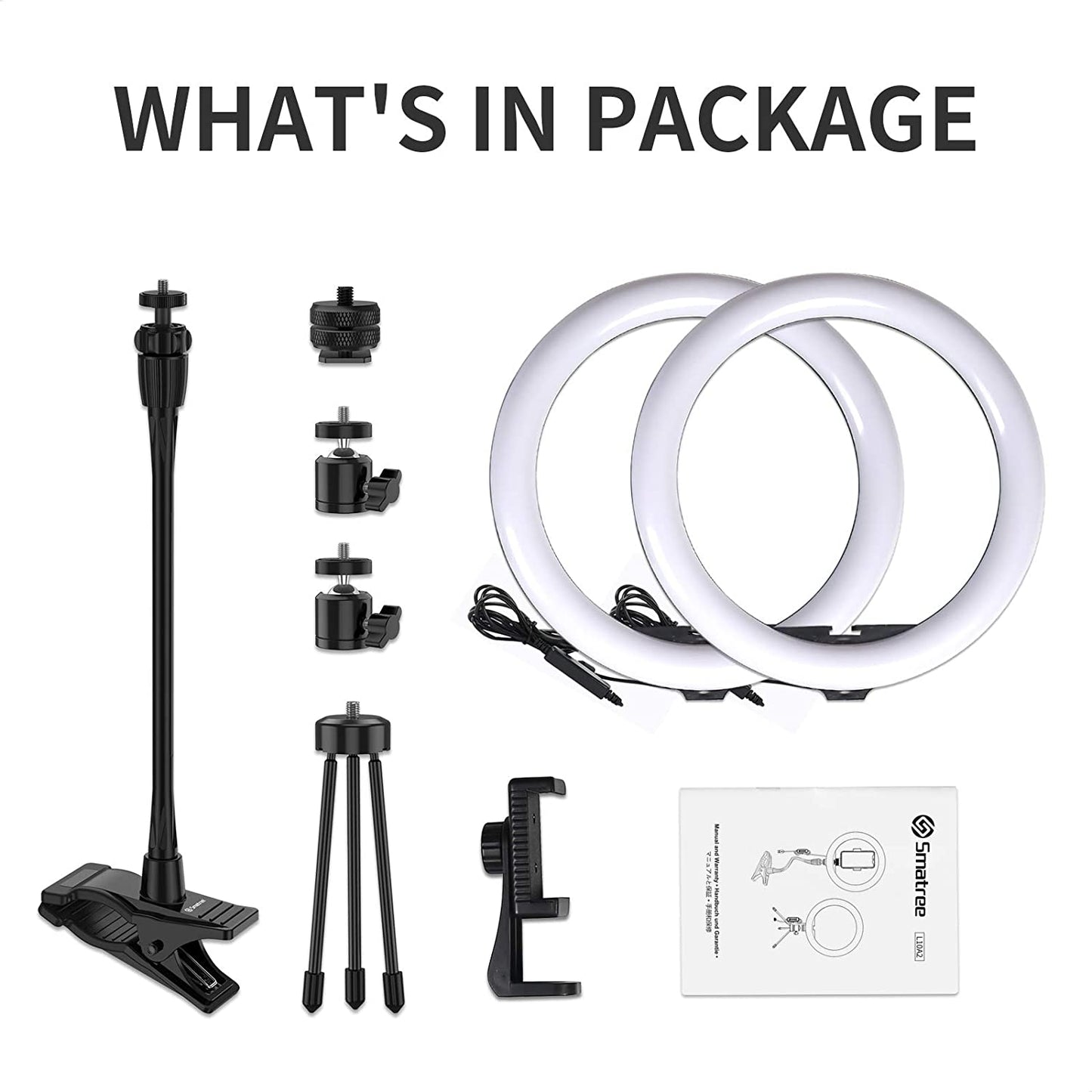 Smatree 10" LED Selfie Ring Light with Flex Clamp Mount & Tripod Stand & Phone Holder,Dimmable Desktop Dual Ring Light Double Lamp Set with 3 Light Modes for Live Streaming/Makeup/Tiktok/Youtube/Vlog Smatree
