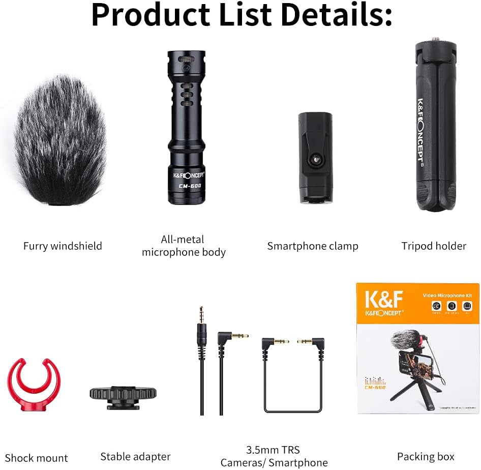 Video Microphone, Universal Camera Microphone with Shock Mount, Tripod, Deadcat Windscreen, External Shotgun Mic for Iphone Android Smartphones, Canon EOS, Nikon DSLR Cameras, Camcorders, Vlogging Mic K&F Concept