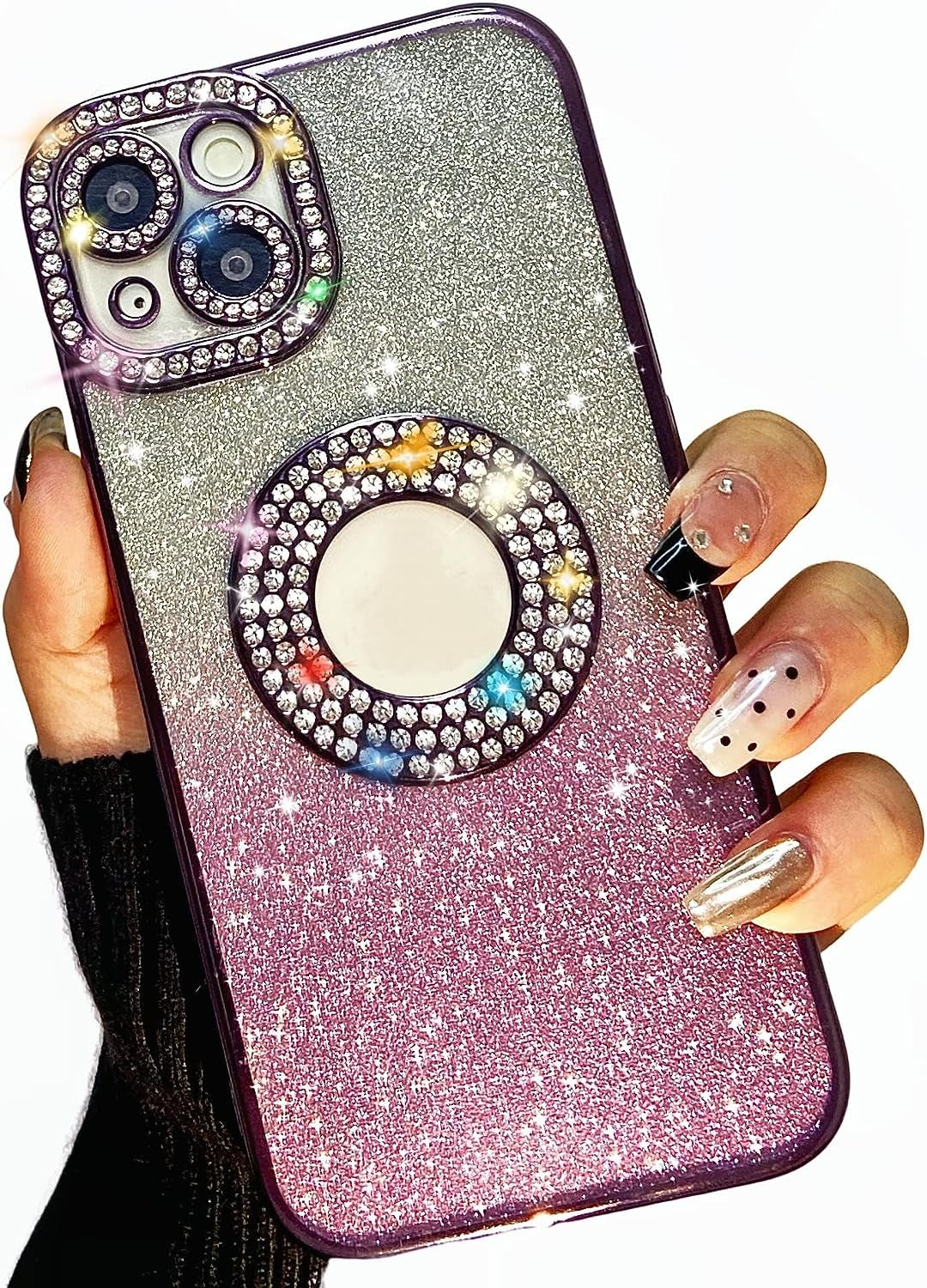 Yivenbarity Compatible for Iphone 13,Bling Luxury Plating Rhinestone Design Cover for Women Girl,Shiny Glitter Crystal Diamond Sparkle Gradient Clear Case with Camera Lens Shockproof Protection-Gold Yivenbarity Purple