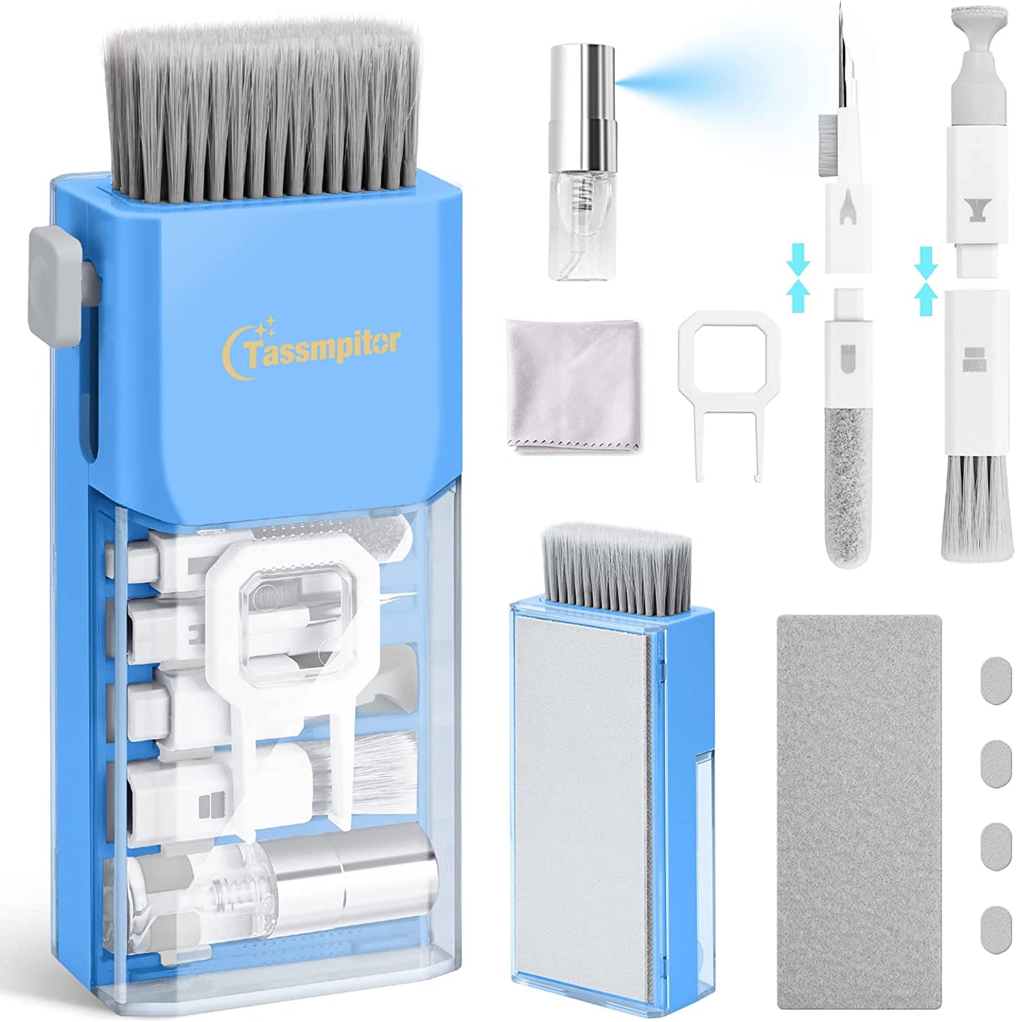 10-In-1 Laptop Keyboard Cleaner Cleaning Kit, Electronics Screen Cleaner Repair Tool with 3 in 1 Earbud Cleaner Pen, Camera Lens Pen, Suit for Macbook Ipad, Iphone, Cell Phone, PC Monitor with Patent Tassmpitor Sky Blue