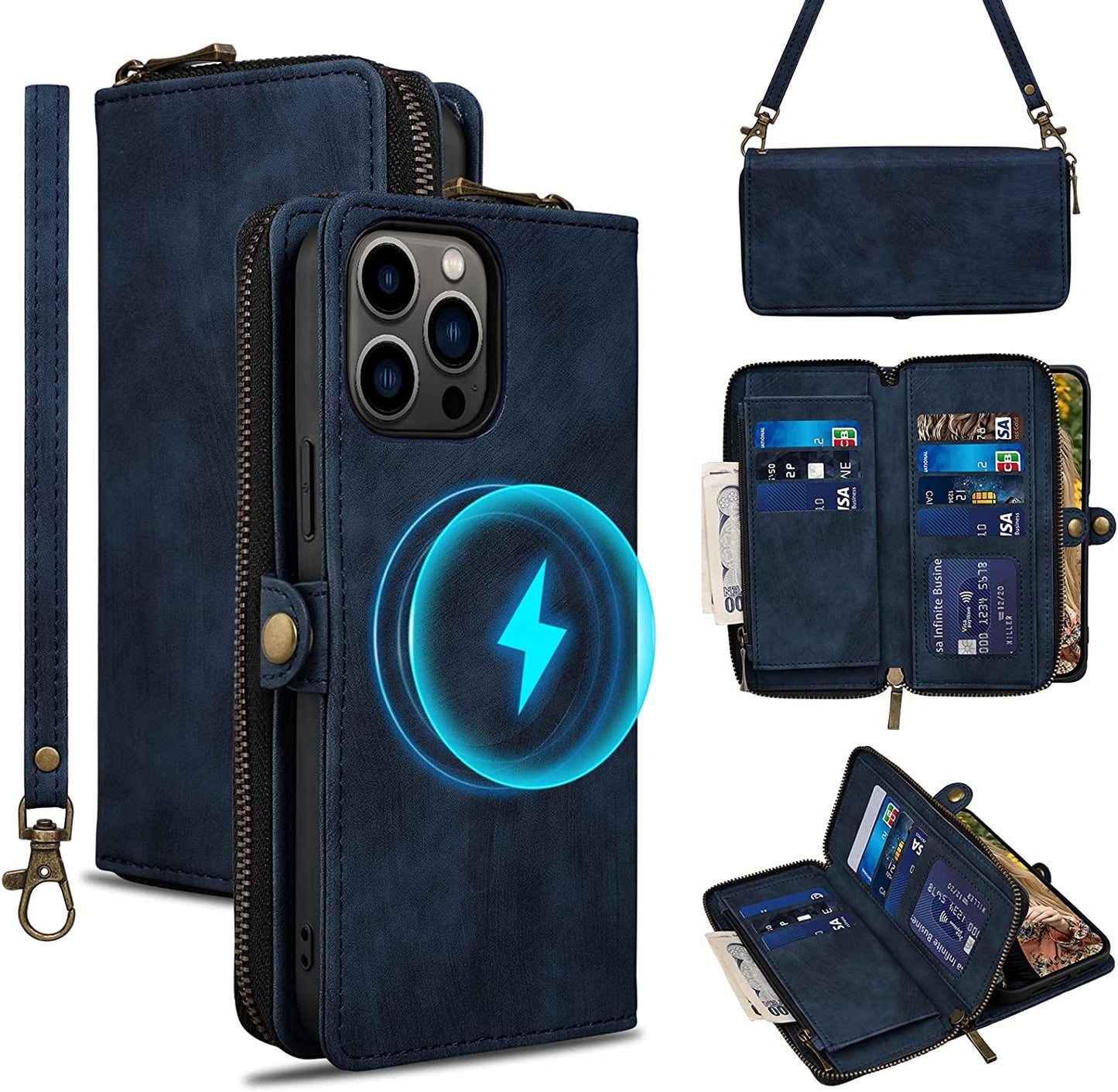 Rssviss for Iphone 12/12 Pro Case Wallet Cover for Women Men, 《RFID Blocking》《Magsafe》Credit Card Holder Leather Strap Zipper Wristlet Iphone 12 Pro Case with Magnetic Shockproof 6.1" Vintage Pink Rssviss Blue 6,7 inch iPhone 13 Pro Max