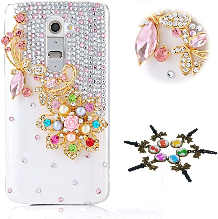 STENES LG G7 Case, LG G7 Thinq Case - STYLISH - 100+ Bling Crystal - 3D Handmade Bling Heart Pendant Butterfly Flowers Design Protective Cover Case for LG G7 Thinq - Colorful STENES Butterfly Flowers / Colorful