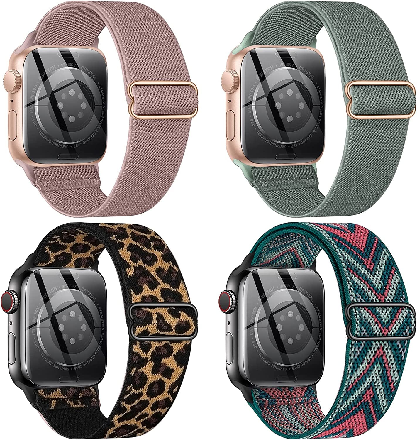 CTYBB 4 Pack Stretchy Nylon Solo Loop Bands Compatible with Apple Watch 40Mm 38Mm 44Mm 49Mm 45Mm 42Mm 41Mm, Adjustable Braided Elastic Sport Straps Womens Men Wristbands for Iwatch Series 8 7 6 5 4 3 2 1 SE Ultra CTYBB Pink/Cactus/Leopard/Green Arrow 41mm/40mm/38mm