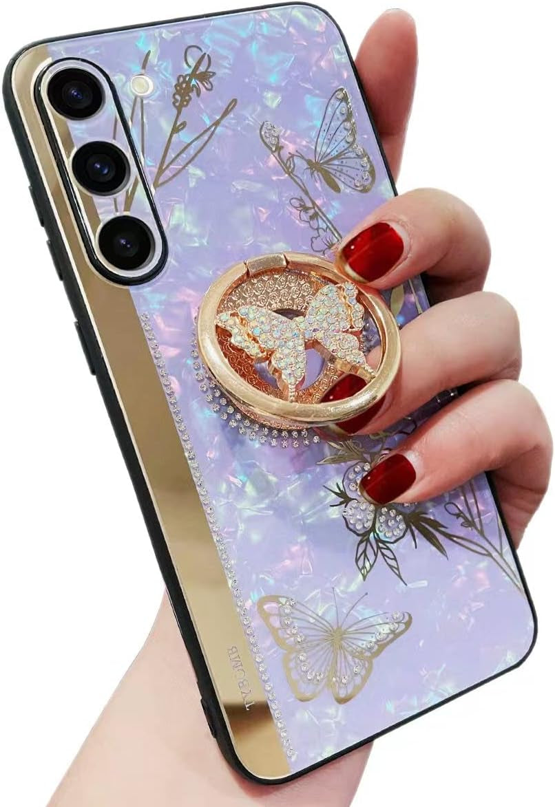 Topwin Kickstand Case, Cute Marble Conch Shell Floral Butterfly with Ring Stand Elegant Shockproof Protective Cover for Girls Women for Samsung Galaxy S22 plus (Rose Gold) Topwin Purple