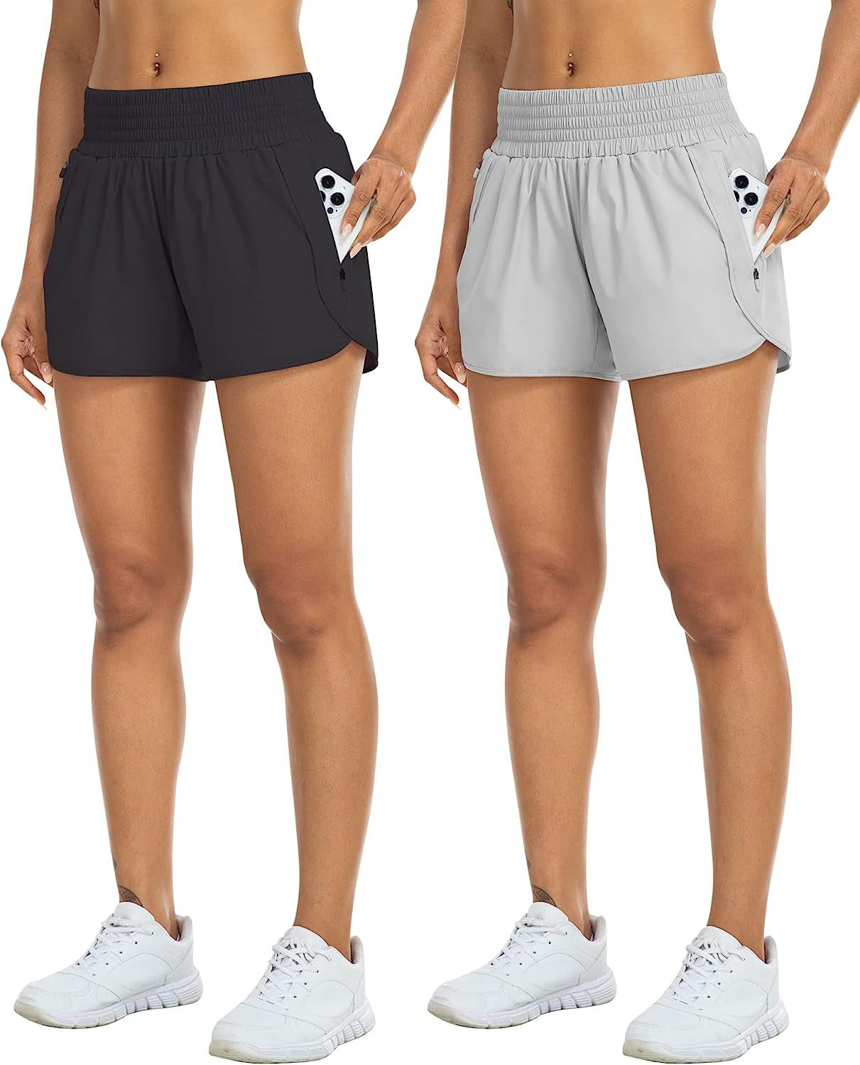 YEZII Athletic Shorts for Women with Pockets High Waist Running Workout Shorts Gym Yoga White Summer Shorts YEZII 2 Packs-black/Gray X-Large