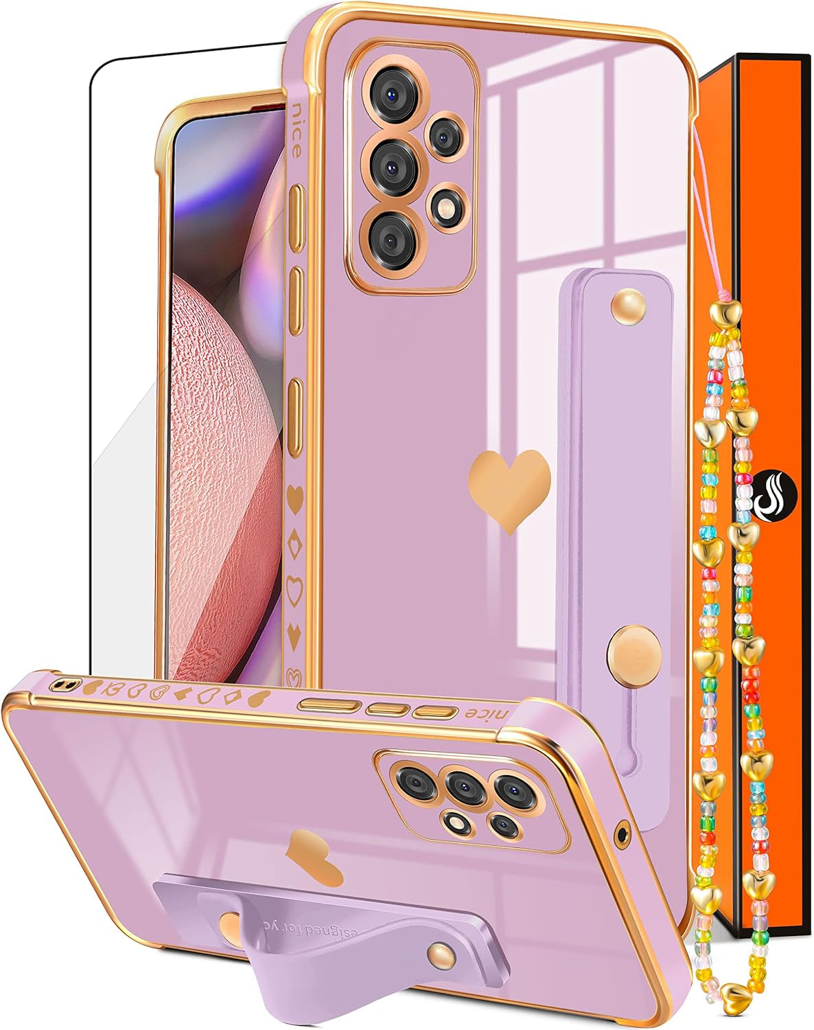 Likiyami (3In1 for Samsung Galaxy A53 5G Case Heart Women Girls Cute Girly Aesthetic Trendy Luxury Pretty with Loop Phone Cases Blue and Gold Plating Love Hearts Cover+Screen+Chain for A53 5G -6.5'' Likiyami Only For Samsung Galaxy A53 5G-Purple