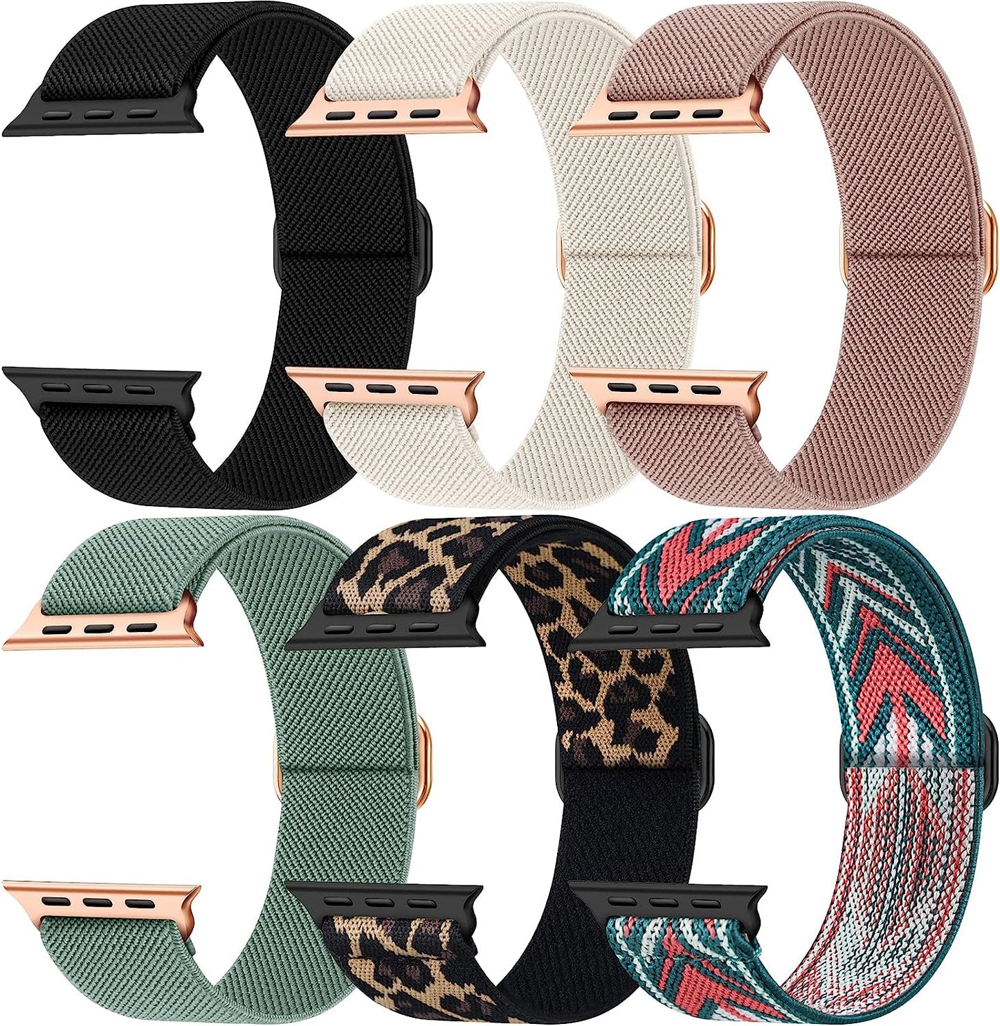 OYODSS 6 Pack Stretchy Solo Loop Band Compatible with Apple Watch Bands 38Mm 40Mm 41Mm 42Mm 44Mm 45Mm 49Mm, Nylon Sport Strap with Metal Connectors for Iwatch Ultra Series 8/7/6/5/4/3/2/1 SE Women Men OYODSS Black/Starlight/Sand Pink/Cactus/Leopard/Green Arrow 42/44/45/49MM