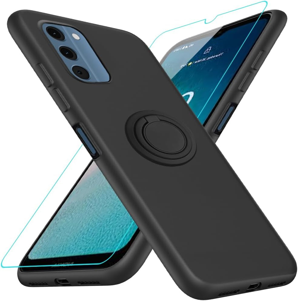 For Motorola Moto G 5G 2023 Phone Case with Glass Screen Protector, 360° Rotatable Ring Holder Magnetic Kickstand/Stand Silicone TPU Shockproof Protective Cover Case for Motorola Moto G 5G - Black Nijiadi Nokia C300 Black