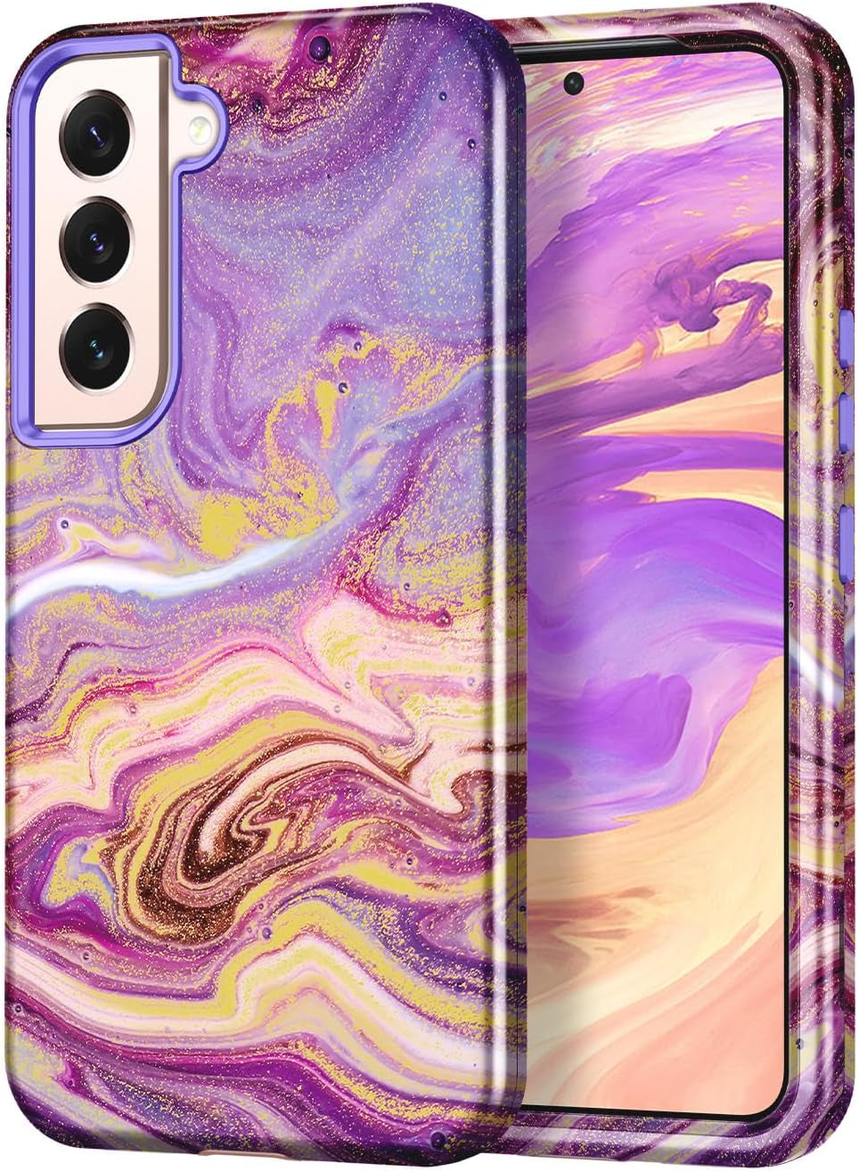 Galaxy S21 plus Case: Marble Pattern 3-In-1 Heavy Duty Shockproof with Rugged Hard PC & Soft Silicone, Rose Gold Btscase Drift Sand/Purple