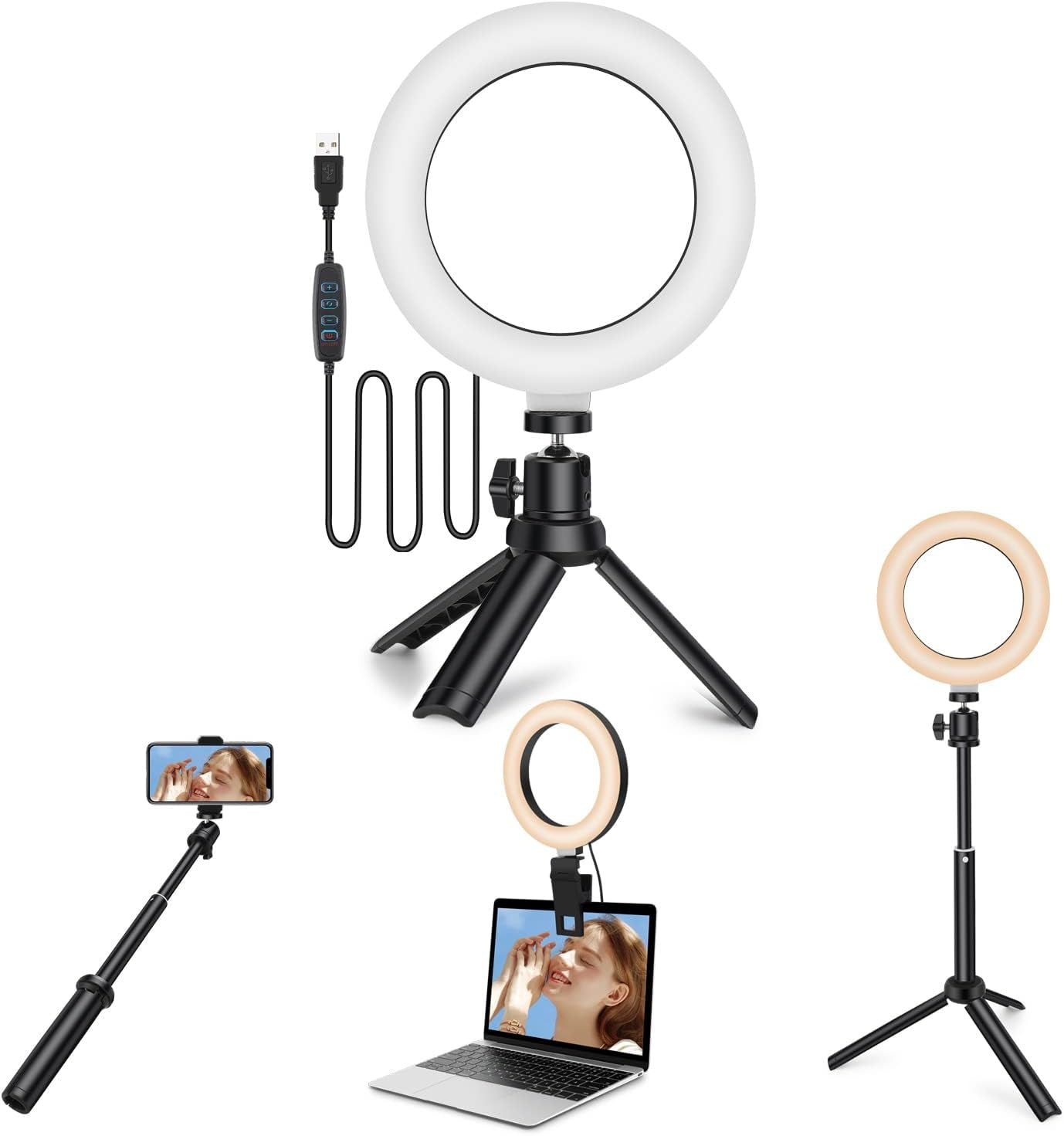 Selfie Ring Light with Tripod Stand for Zoom Meeting, Dimmable Desktop LED Clip on Video Light, 6.3'' Lighting Kit Gifts for Live Streaming/Laptop Video Conference/Makeup/Vlog/Youtube/Tiktok Whellen