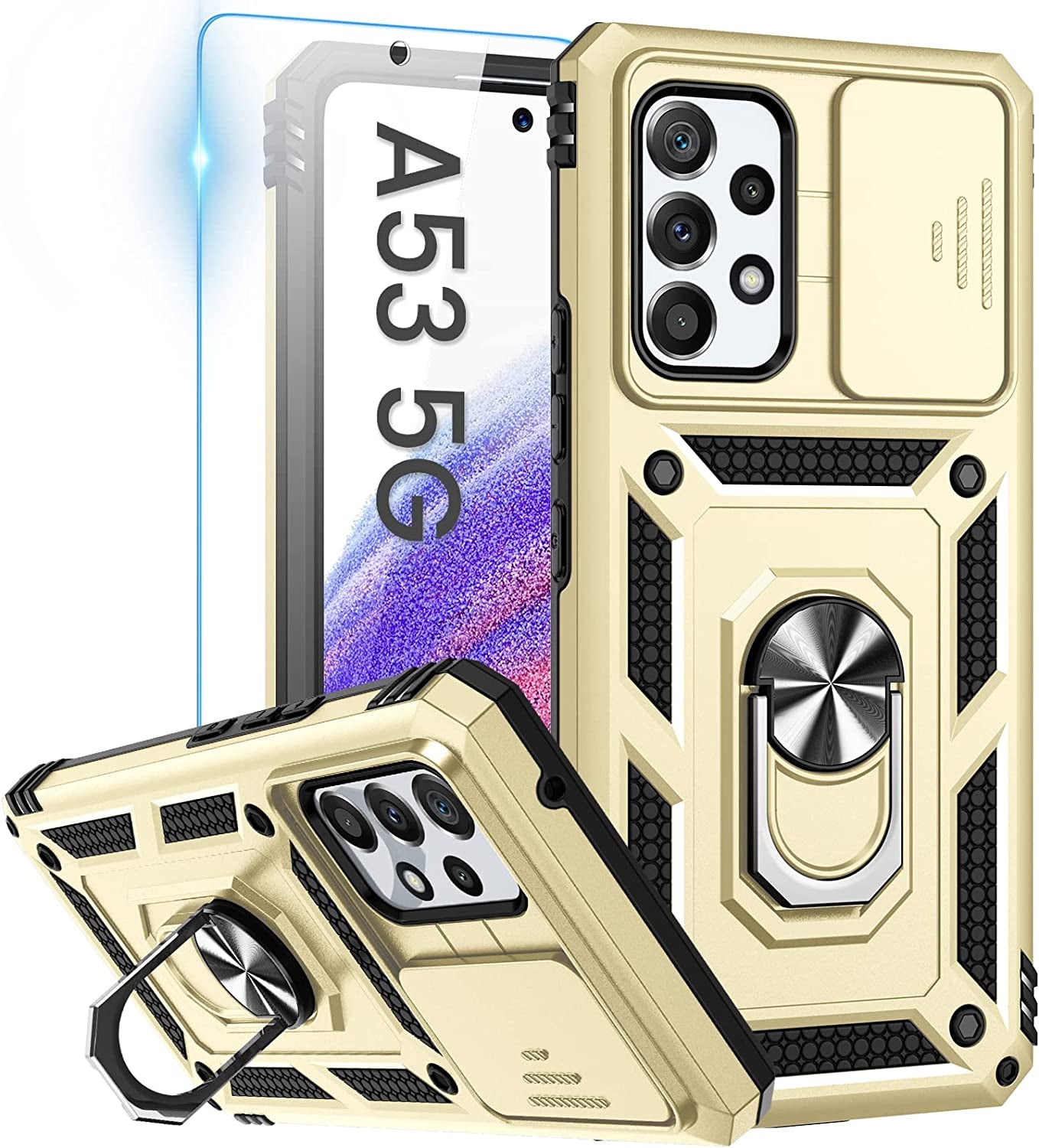 Goton for Samsung A53 5G Case, Galaxy A53 5G Case with Camera Cover & 360°Kickstand Ring with Tempered Glass Screen Protector, Military Grade Shockproof Protective Cover for A53 5G Case Black Goton Gold
