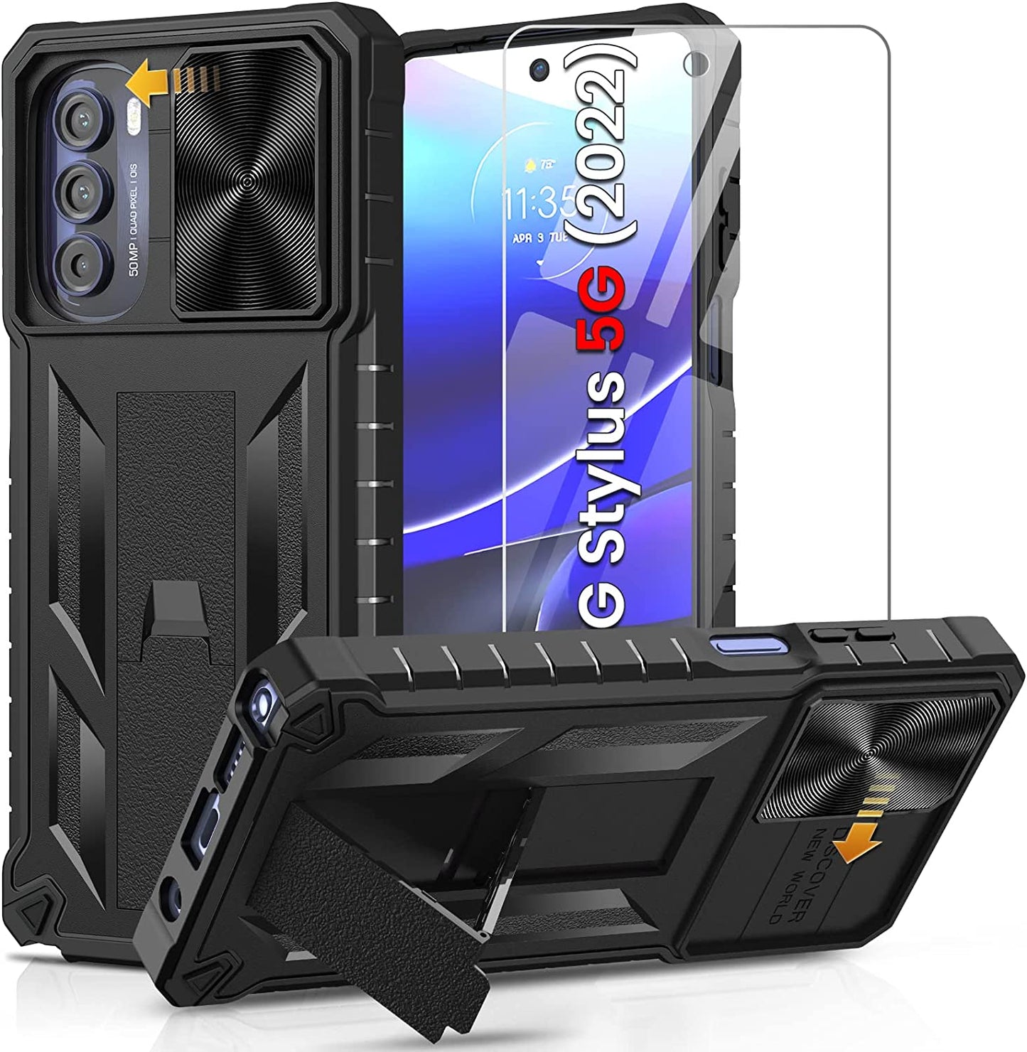 For Motorola Moto G-Stylus 5G-2022 Case: Military Grade Drop Proof Protection Rugged Protective Cell Phone Cover with Belt Clip Holster Kickstand & Slide |Shockproof TPU Matte(Belt-Clip Orange) WTYOO Black