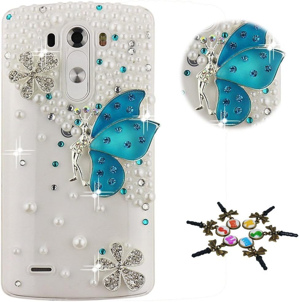 STENES LG G7 Case, LG G7 Thinq Case - STYLISH - 100+ Bling Crystal - 3D Handmade Bling Camellia Flowers Design Protective Cover Case for LG G7 Thinq - White STENES Snow Butterfly / Blue
