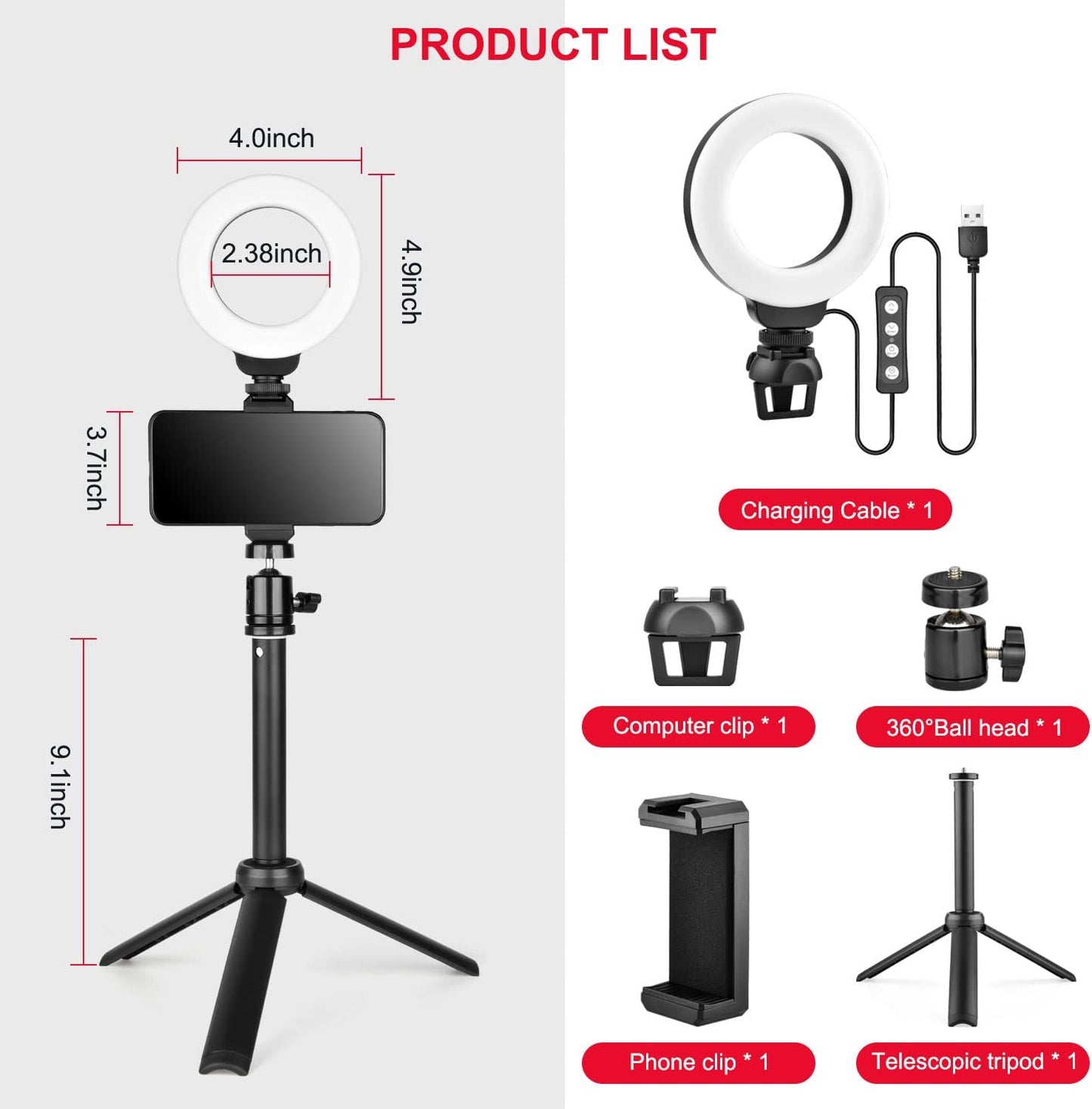 Selfie Ring Light for Video Conference, Dimmable Desktop LED Circle Light with Tripod Stand, 4.1'' Lighting Kit Gifts for Live Streaming/Laptop Zoom Meeting/Youtube/Vlog/Video Recording YELANGU