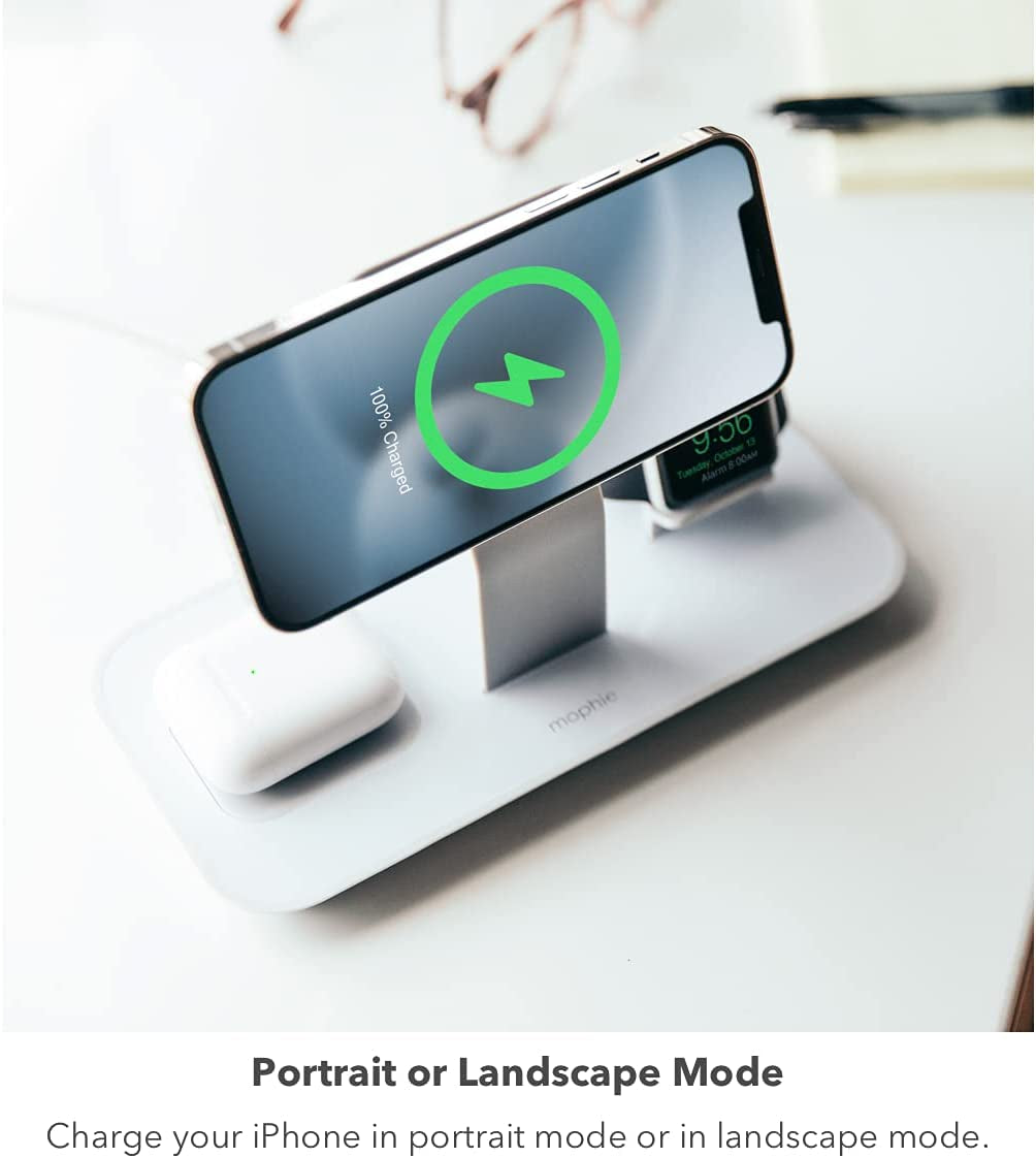 Mophie 3-In-1 Magsafe Wireless Charging Stand for Apple Iphone, Airpods/Airpods Pro & Watch, 15W Super-Fast Charging, Stylish Gloss Finish - White (Magsafe Charger Not Included) mophie