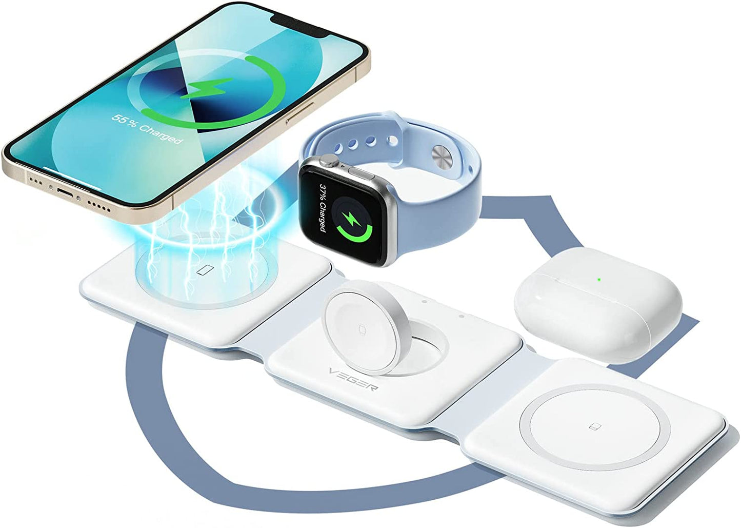 3 in 1 Wireless Charging Station, VEGER Travel Charger for Multiple Devices, Fast Wireless Charging Pad for Iphone 14/13/12/11/X/Xr/Xs/8 Series, Airpods, Apple Watch 7/6/5/4/3, Qi Phones Earbuds More Shenzhen Autige Technology Co.,Ltd White