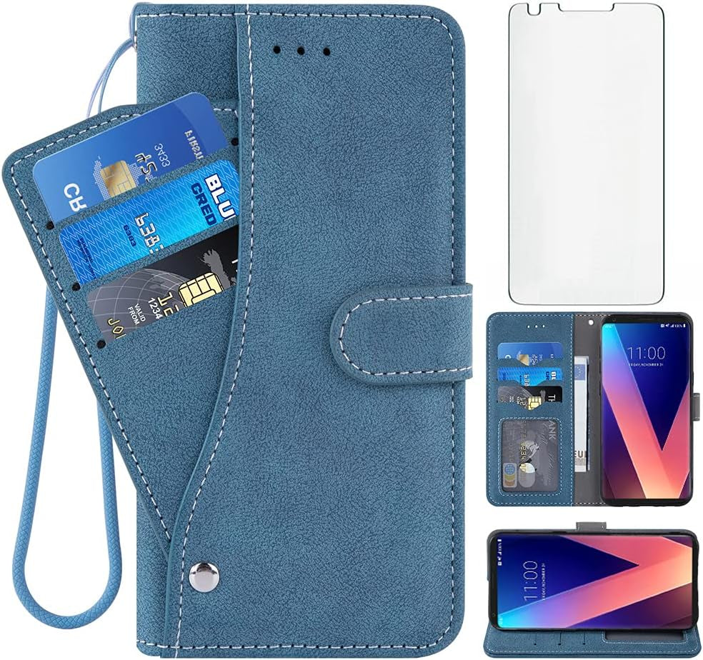 Compatible with LG V35 Thinq V30 plus Wallet Case and Tempered Glass Screen Protector Flip Cover Credit Card Holder Cell Accessories Phone Cases for LGV30 LGV35 LG30 LG35 V 30 35 V30+ V30S H931 Black NSS Blue