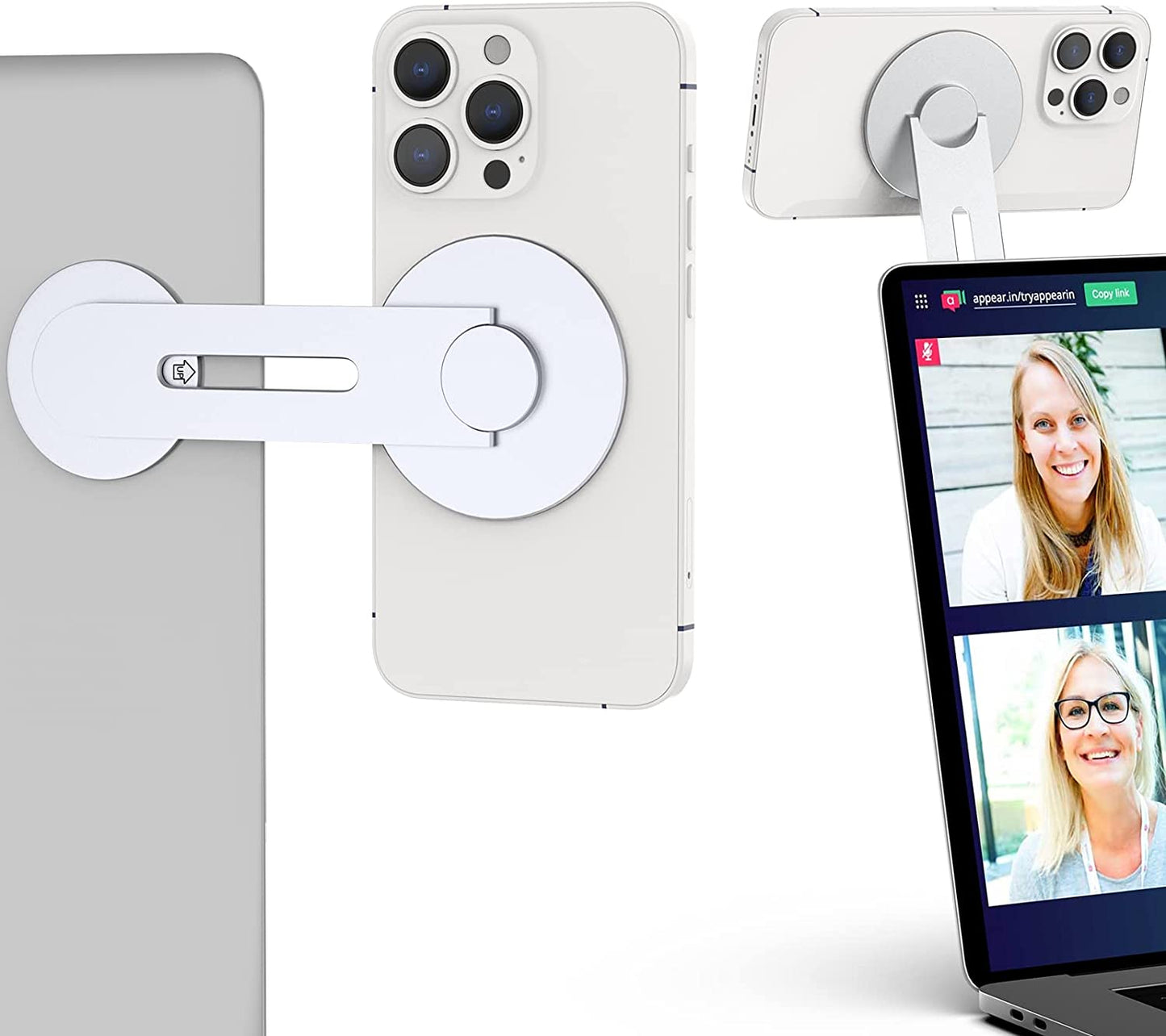 Continuity Magnetic Laptop Phone Holder - 180° Adjustable Continuity Camera Adapter Compatible with Magsafe for Ios 16 & Macos Ventura, Macbook Mount Computer Monitor Expansion Bracket for Smartphone Continuity Camera Mount Factory Silver