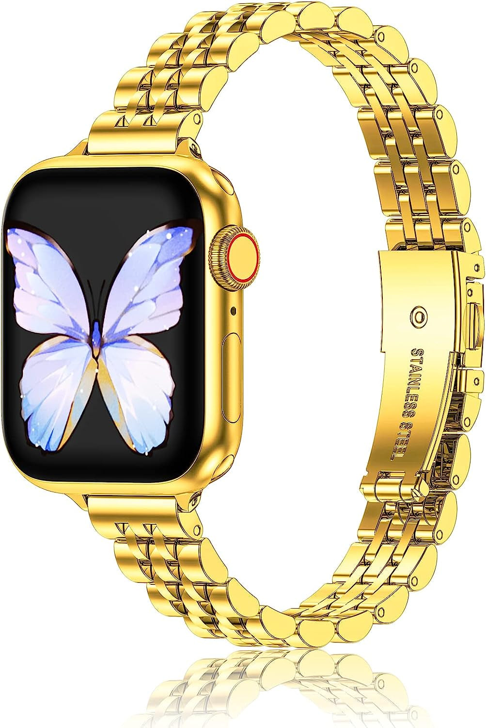 Miohhr Slim Metal Bands Compatible with Apple Watch Ultra Band (49Mm) Series 8/7(45Mm 41Mm),Series SE 6/5/4(40Mm 44Mm),Series 3/2 /1(38Mm 42Mm), Thin Stainless Steel Chain Strap for Women Iwatch Band MioHHR Gold 41mm 40mm 38mm