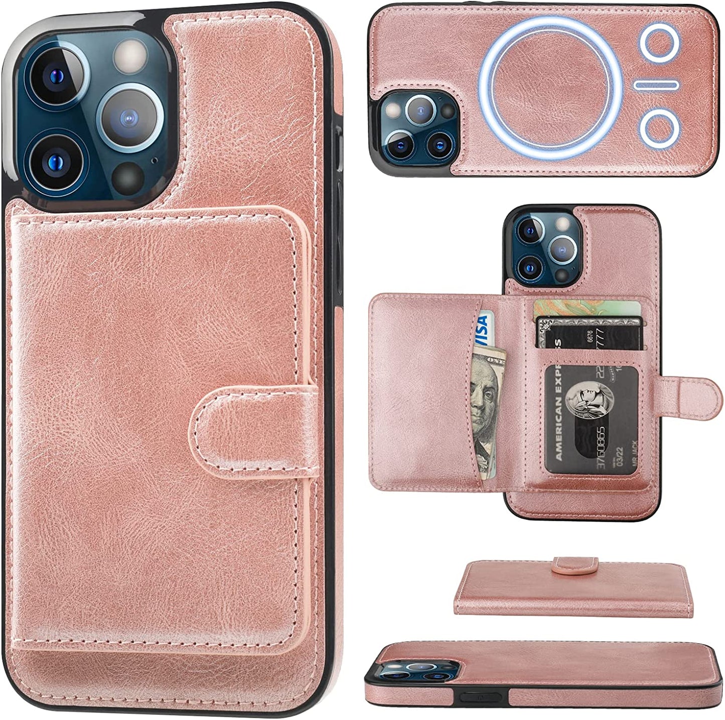 Bocasal Wallet Case for Iphone 13 Pro Max Compatible with Magsafe Magnetic RFID Blocking Detachable Premium PU Leather Flip Case with Card Slots Holder Kickstand Wireless Charging 6.7 Inch (Brown) Bocasal Rose Gold