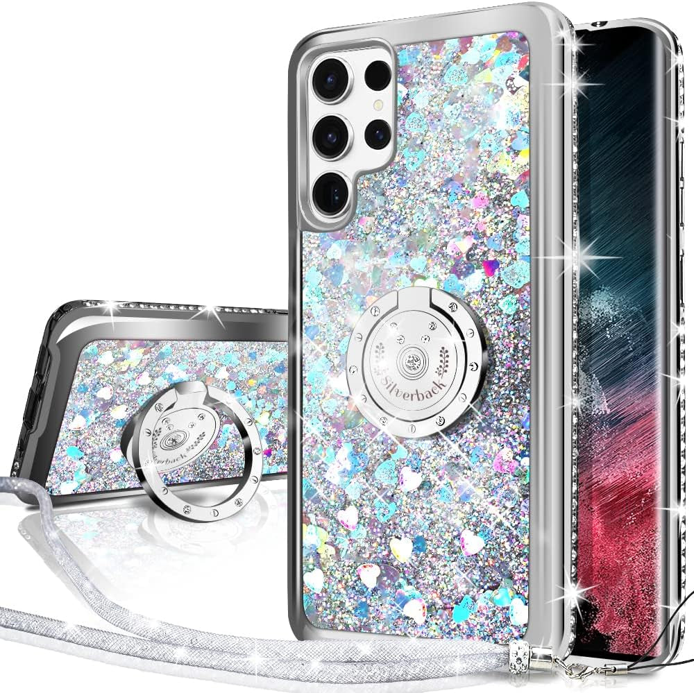 Silverback for Samsung Galaxy S22 Ultra Case, Moving Liquid Holographic Sparkle Glitter Case with Kickstand, Girls Women Bling Diamond Ring Slim Protective Case for Galaxy S22 Ultra 5G, Purple Silverback inc Silver