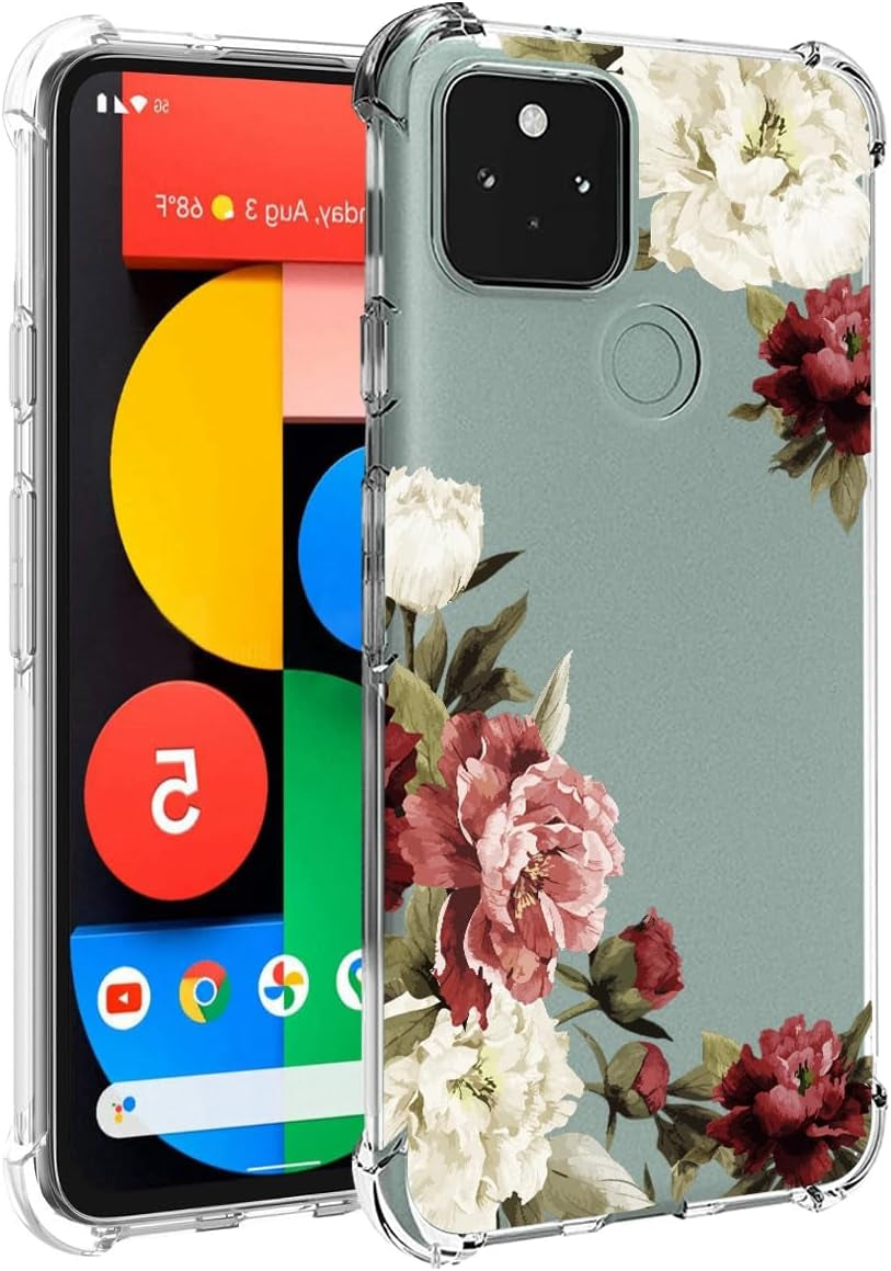 Ueokeird Phone Case for Pixel 5 Case, Google 5 GD1YQ GTT9Q Case Girls Women, Slim Shockproof Clear Floral Pattern Soft Flexible TPU Protective Cover for Google Pixel 5 (Rose Flower) Ueokeird Blossom Flower