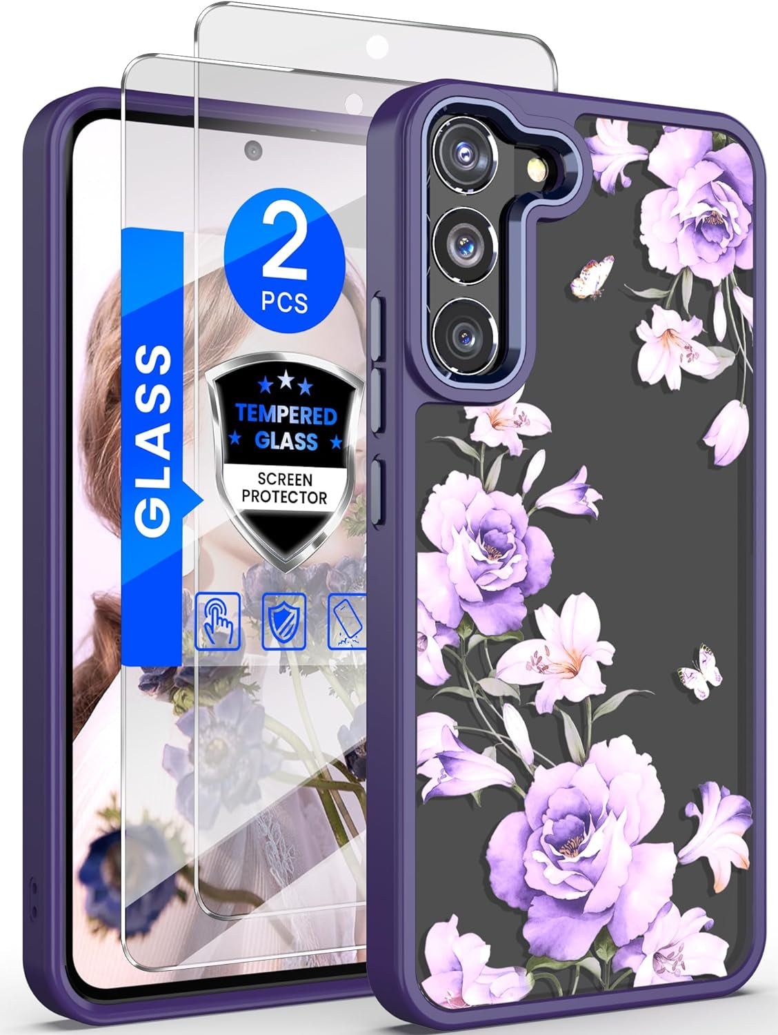 Dretal for Samsung Galaxy S22 plus 5G Case Floral, Galaxy S22+ Case, Military Grade Drop Tested Hard Back & Soft Edge Slim Flower Women Girls Protective Cover +Tempered Glass Screen Protector (Purple) Dretal Deep Purple